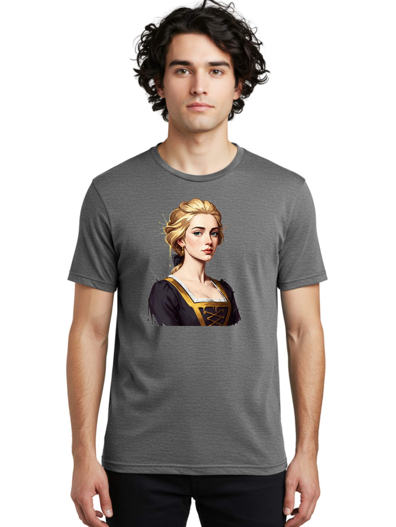 Young-Woman-Portrait Men'S Graphic Tee, 100% Cotton, Comfortable Casual Summer Wear, Machine Washable, Blonde Woman, Renaissance Portrait, Elegant Attire, Blue Eyes, Gold Accents, Medieval Fashion, Historical Figure, Realistic Portrait, Bad946