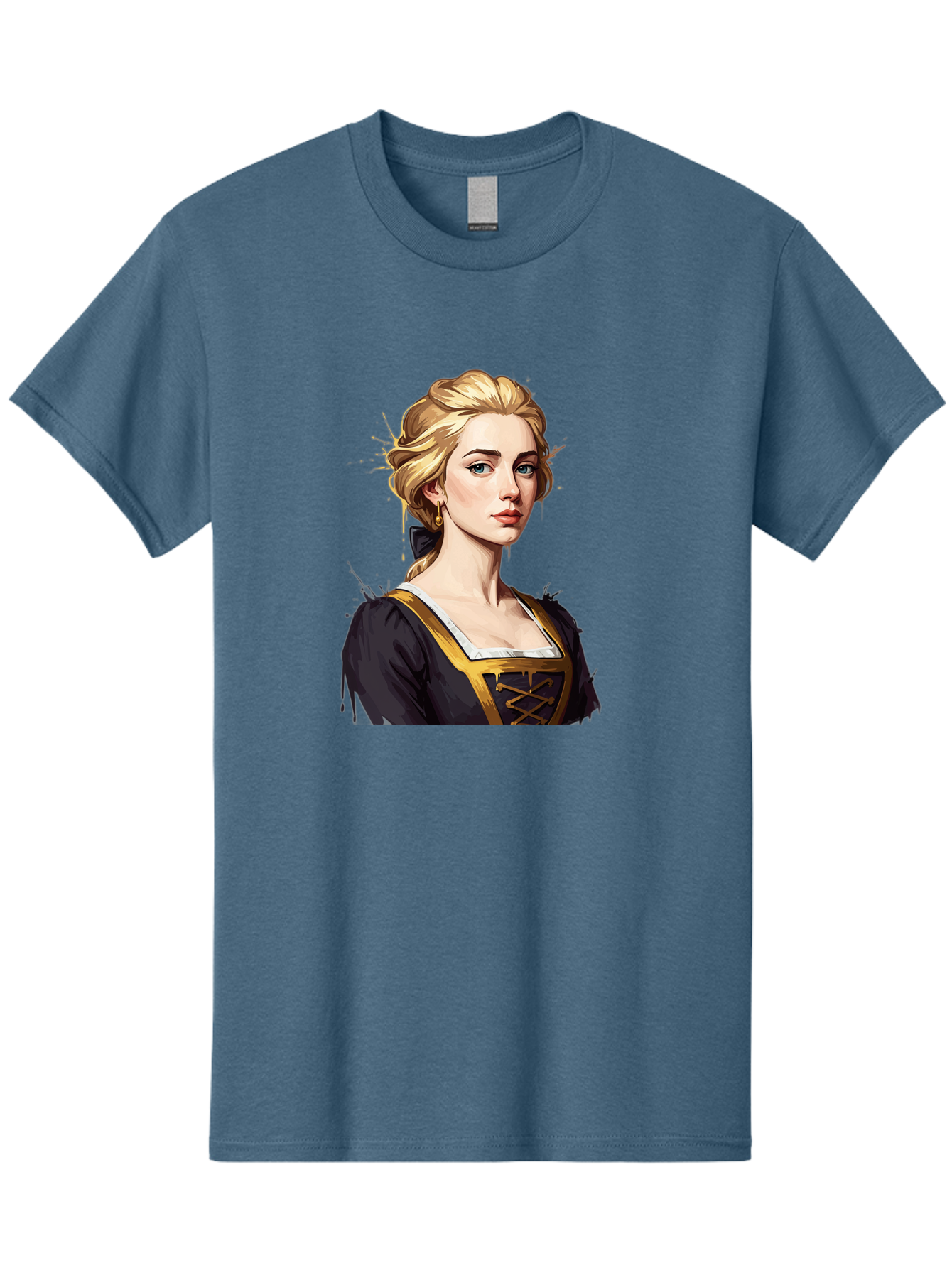 Young-Woman-Portrait Men'S Graphic Tee, 100% Cotton, Comfortable Casual Summer Wear, Machine Washable, Blonde Woman, Renaissance Portrait, Elegant Attire, Blue Eyes, Gold Accents, Medieval Fashion, Historical Figure, Realistic Portrait, Bad946