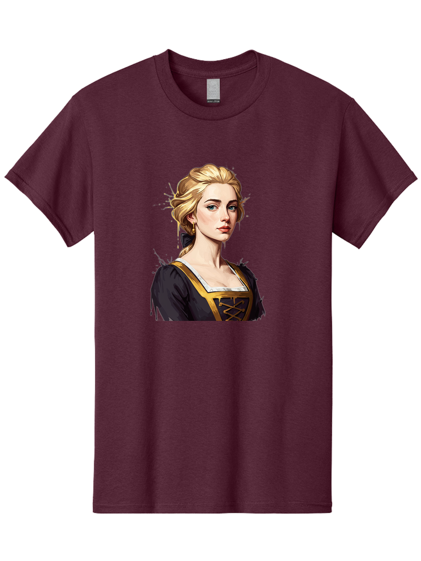 Young-Woman-Portrait Men'S Graphic Tee, 100% Cotton, Comfortable Casual Summer Wear, Machine Washable, Blonde Woman, Renaissance Portrait, Elegant Attire, Blue Eyes, Gold Accents, Medieval Fashion, Historical Figure, Realistic Portrait, Bad946