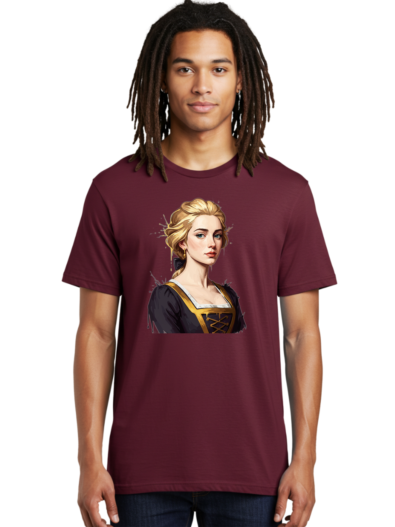 Young-Woman-Portrait Men'S Graphic Tee, 100% Cotton, Comfortable Casual Summer Wear, Machine Washable, Blonde Woman, Renaissance Portrait, Elegant Attire, Blue Eyes, Gold Accents, Medieval Fashion, Historical Figure, Realistic Portrait, Bad946