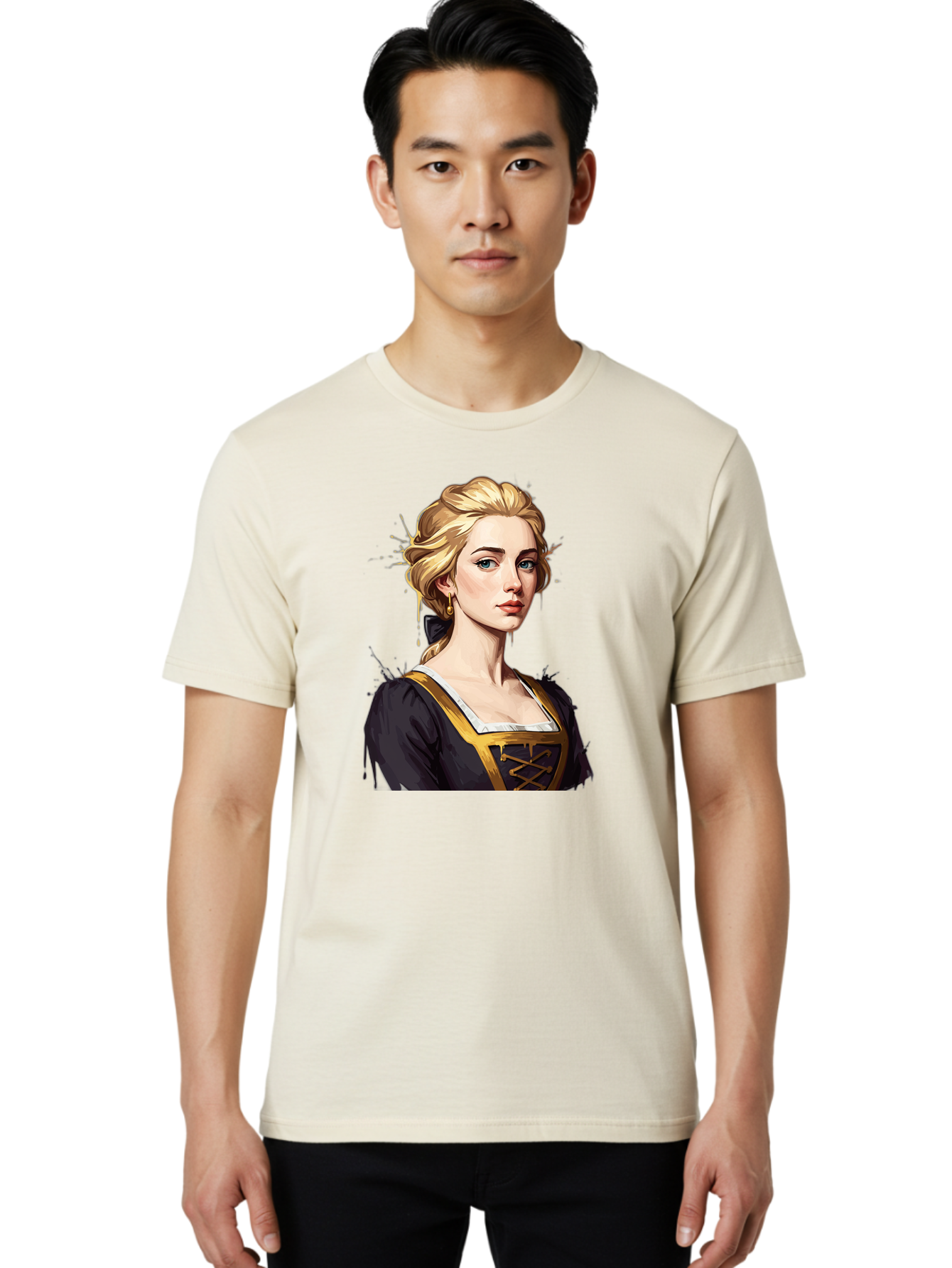 Young-Woman-Portrait Men'S Graphic Tee, 100% Cotton, Comfortable Casual Summer Wear, Machine Washable, Blonde Woman, Renaissance Portrait, Elegant Attire, Blue Eyes, Gold Accents, Medieval Fashion, Historical Figure, Realistic Portrait, Bad946