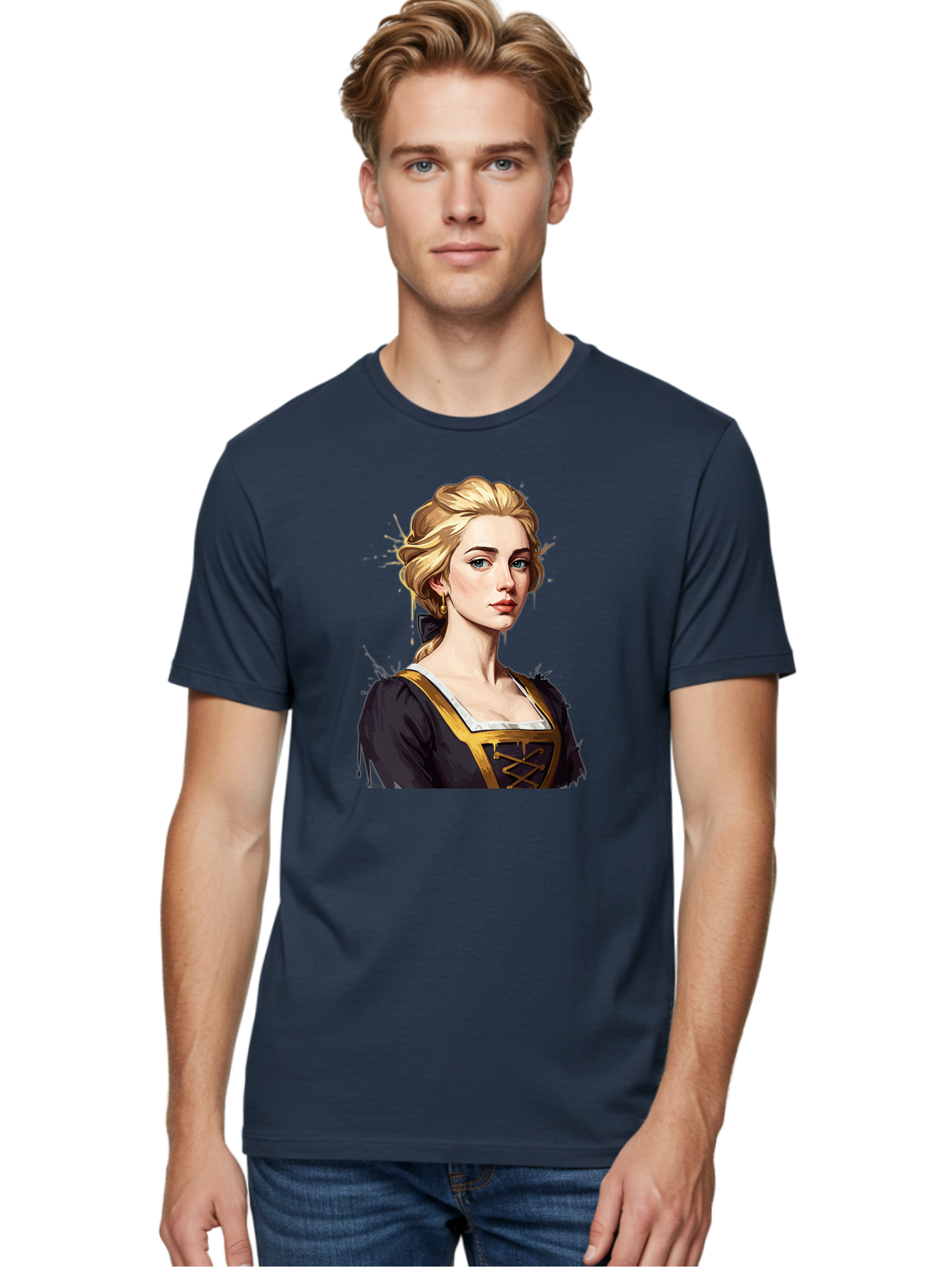 Young-Woman-Portrait Men'S Graphic Tee, 100% Cotton, Comfortable Casual Summer Wear, Machine Washable, Blonde Woman, Renaissance Portrait, Elegant Attire, Blue Eyes, Gold Accents, Medieval Fashion, Historical Figure, Realistic Portrait, Bad946