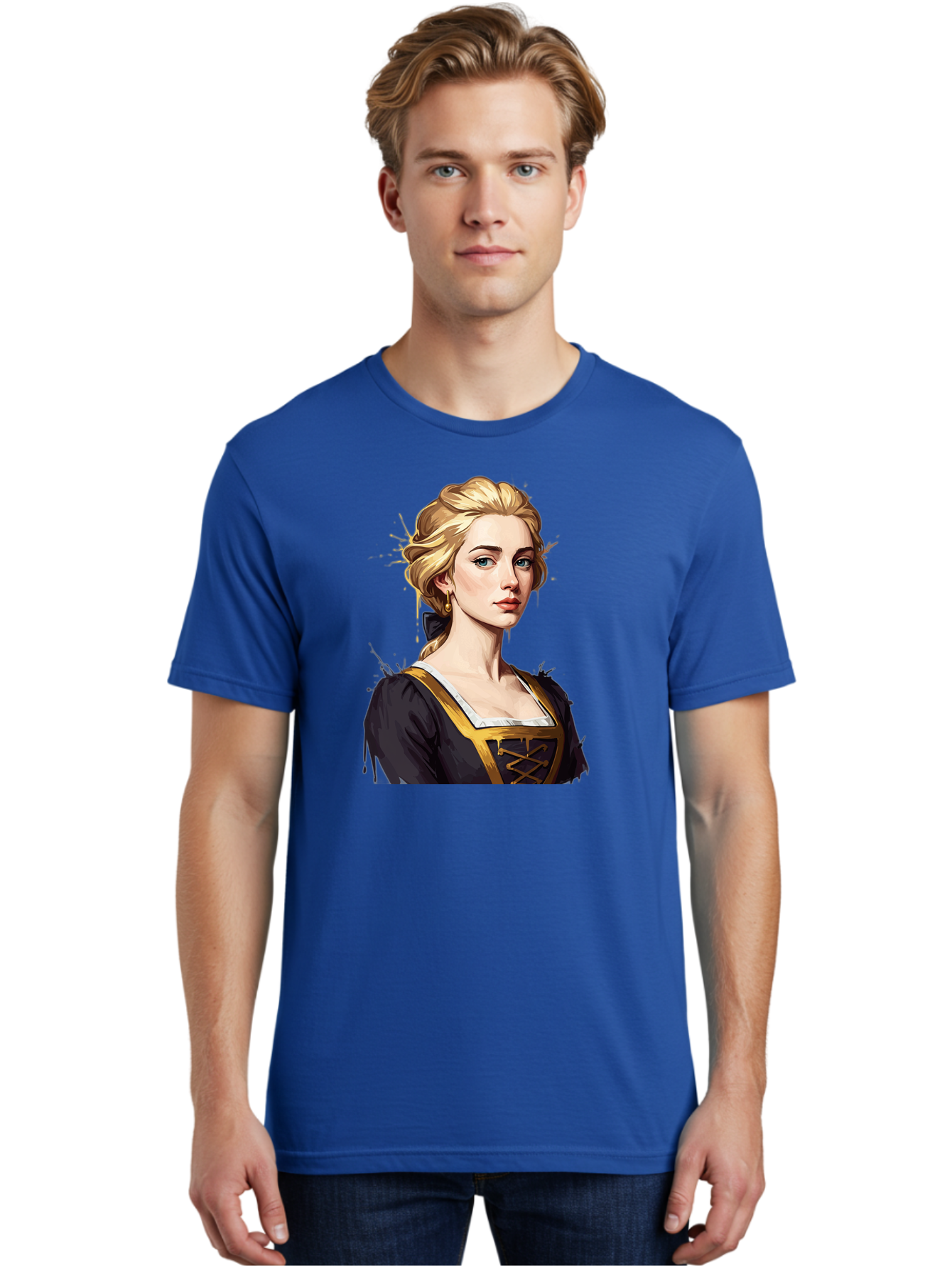 Young-Woman-Portrait Men'S Graphic Tee, 100% Cotton, Comfortable Casual Summer Wear, Machine Washable, Blonde Woman, Renaissance Portrait, Elegant Attire, Blue Eyes, Gold Accents, Medieval Fashion, Historical Figure, Realistic Portrait, Bad946