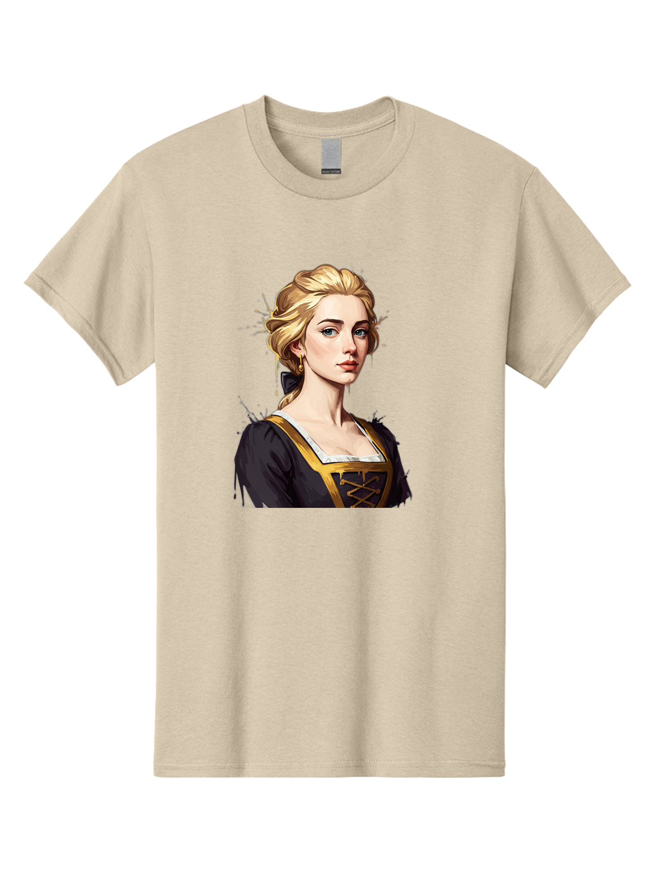 Young-Woman-Portrait Men'S Graphic Tee, 100% Cotton, Comfortable Casual Summer Wear, Machine Washable, Blonde Woman, Renaissance Portrait, Elegant Attire, Blue Eyes, Gold Accents, Medieval Fashion, Historical Figure, Realistic Portrait, Bad946