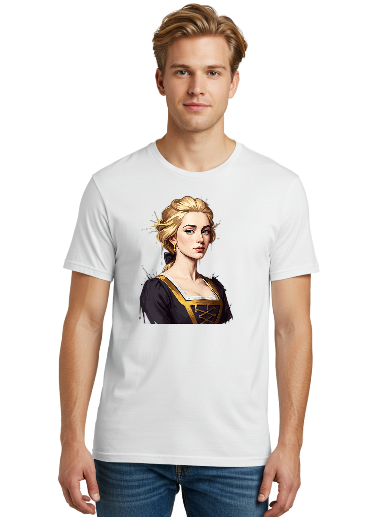 Young-Woman-Portrait Men'S Graphic Tee, 100% Cotton, Comfortable Casual Summer Wear, Machine Washable, Blonde Woman, Renaissance Portrait, Elegant Attire, Blue Eyes, Gold Accents, Medieval Fashion, Historical Figure, Realistic Portrait, Bad946