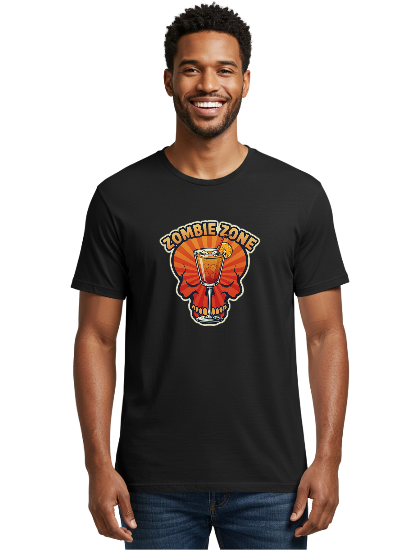 Zombie-Zone Men'S Graphic Tee, 100% Cotton, Comfortable Casual Summer Wear, Machine Washable, Zombie Zone Cocktail, Orange And Red Skull, Tiki Drink, Zombie-Themed Bar, Cocktail Party, Summer Vibes, Orange Drink, Horror-Themed Drinks Bad949