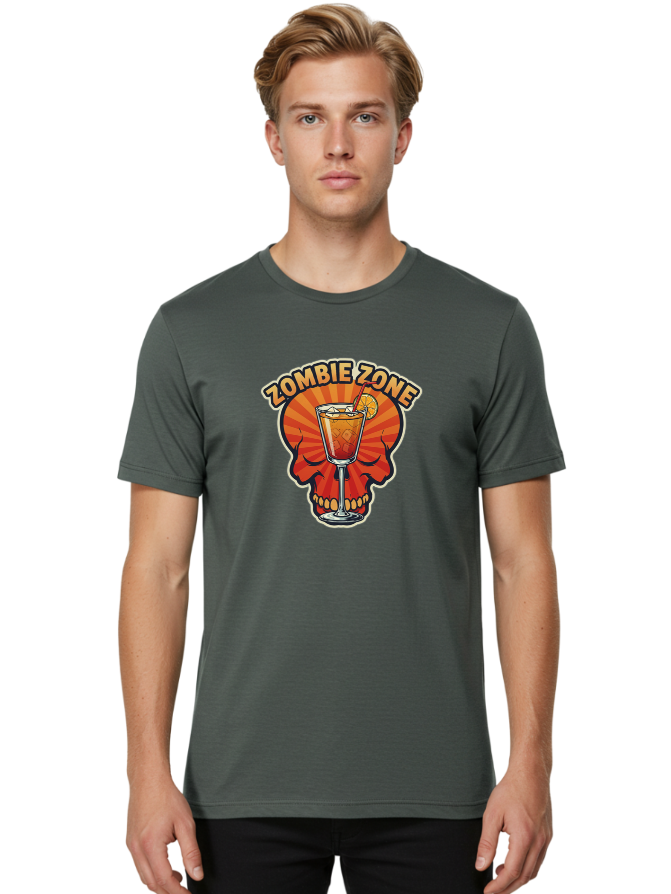 Zombie-Zone Men'S Graphic Tee, 100% Cotton, Comfortable Casual Summer Wear, Machine Washable, Zombie Zone Cocktail, Orange And Red Skull, Tiki Drink, Zombie-Themed Bar, Cocktail Party, Summer Vibes, Orange Drink, Horror-Themed Drinks Bad949