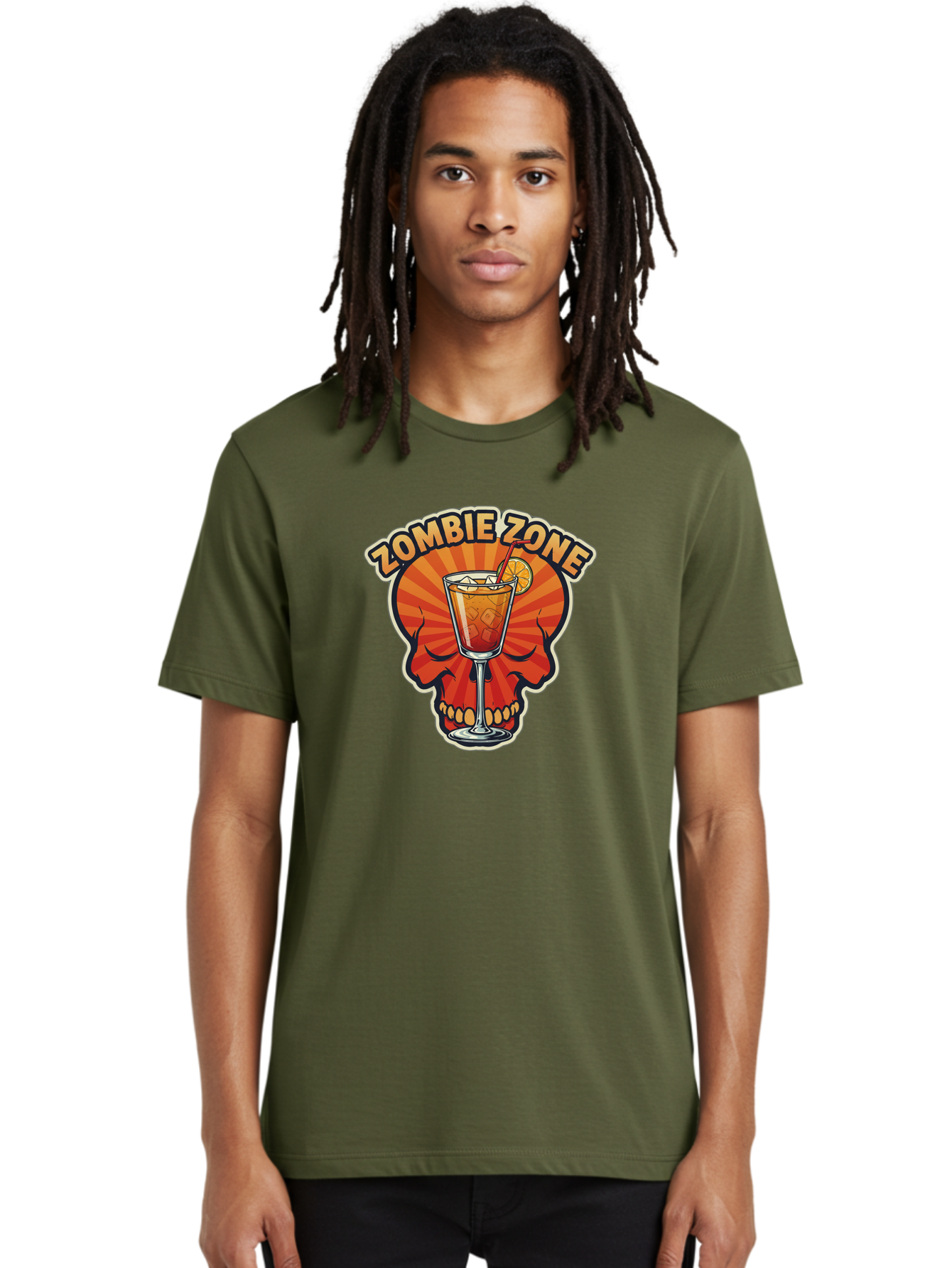 Zombie-Zone Men'S Graphic Tee, 100% Cotton, Comfortable Casual Summer Wear, Machine Washable, Zombie Zone Cocktail, Orange And Red Skull, Tiki Drink, Zombie-Themed Bar, Cocktail Party, Summer Vibes, Orange Drink, Horror-Themed Drinks Bad949