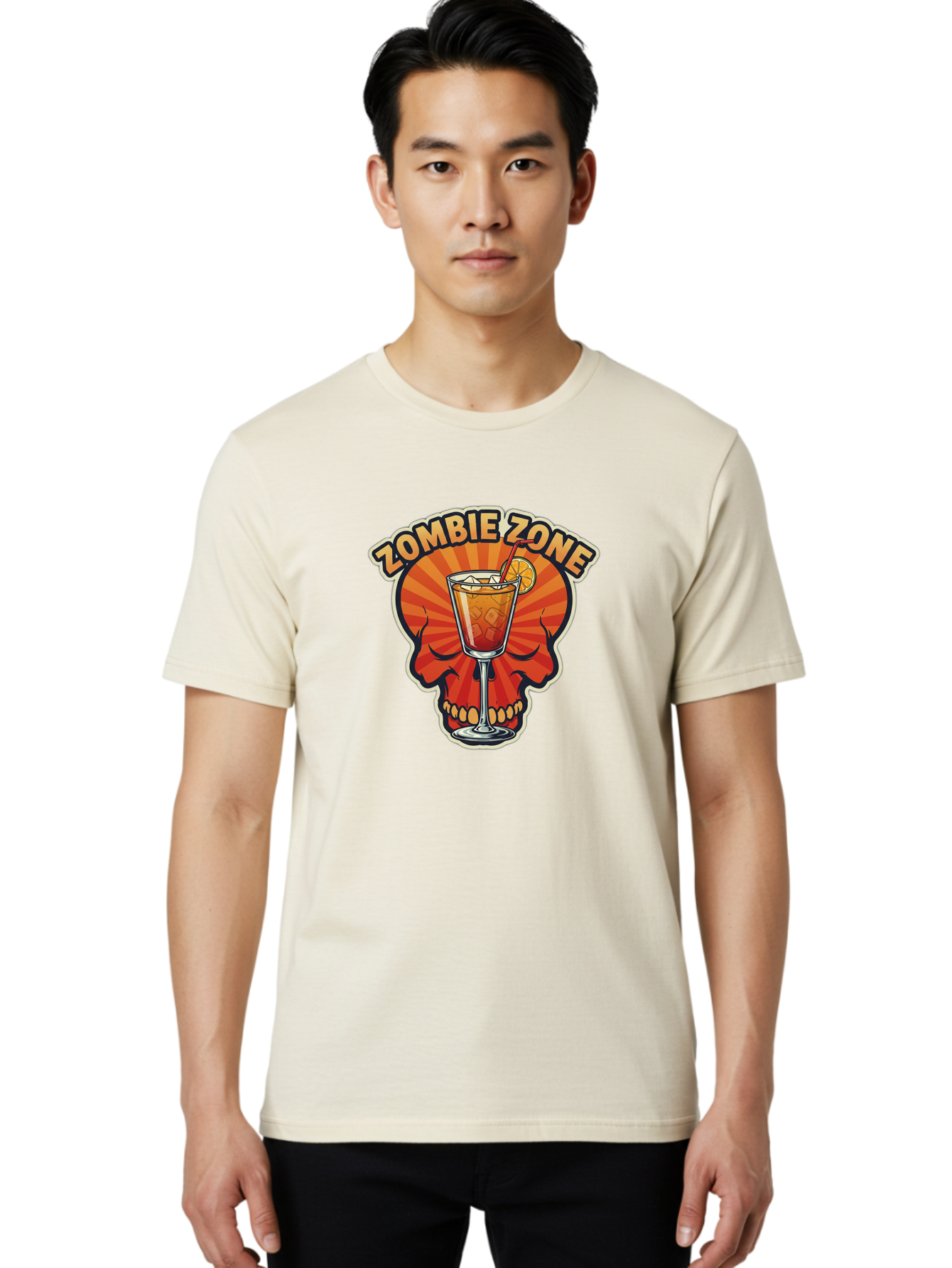 Zombie-Zone Men'S Graphic Tee, 100% Cotton, Comfortable Casual Summer Wear, Machine Washable, Zombie Zone Cocktail, Orange And Red Skull, Tiki Drink, Zombie-Themed Bar, Cocktail Party, Summer Vibes, Orange Drink, Horror-Themed Drinks Bad949