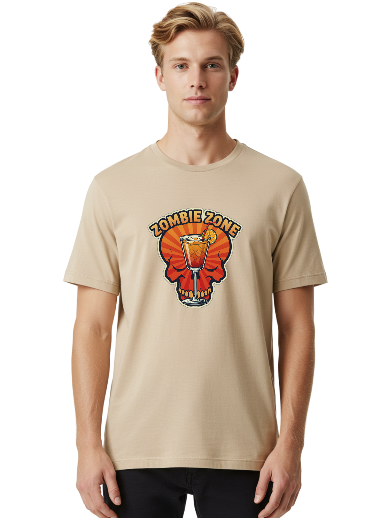 Zombie-Zone Men'S Graphic Tee, 100% Cotton, Comfortable Casual Summer Wear, Machine Washable, Zombie Zone Cocktail, Orange And Red Skull, Tiki Drink, Zombie-Themed Bar, Cocktail Party, Summer Vibes, Orange Drink, Horror-Themed Drinks Bad949