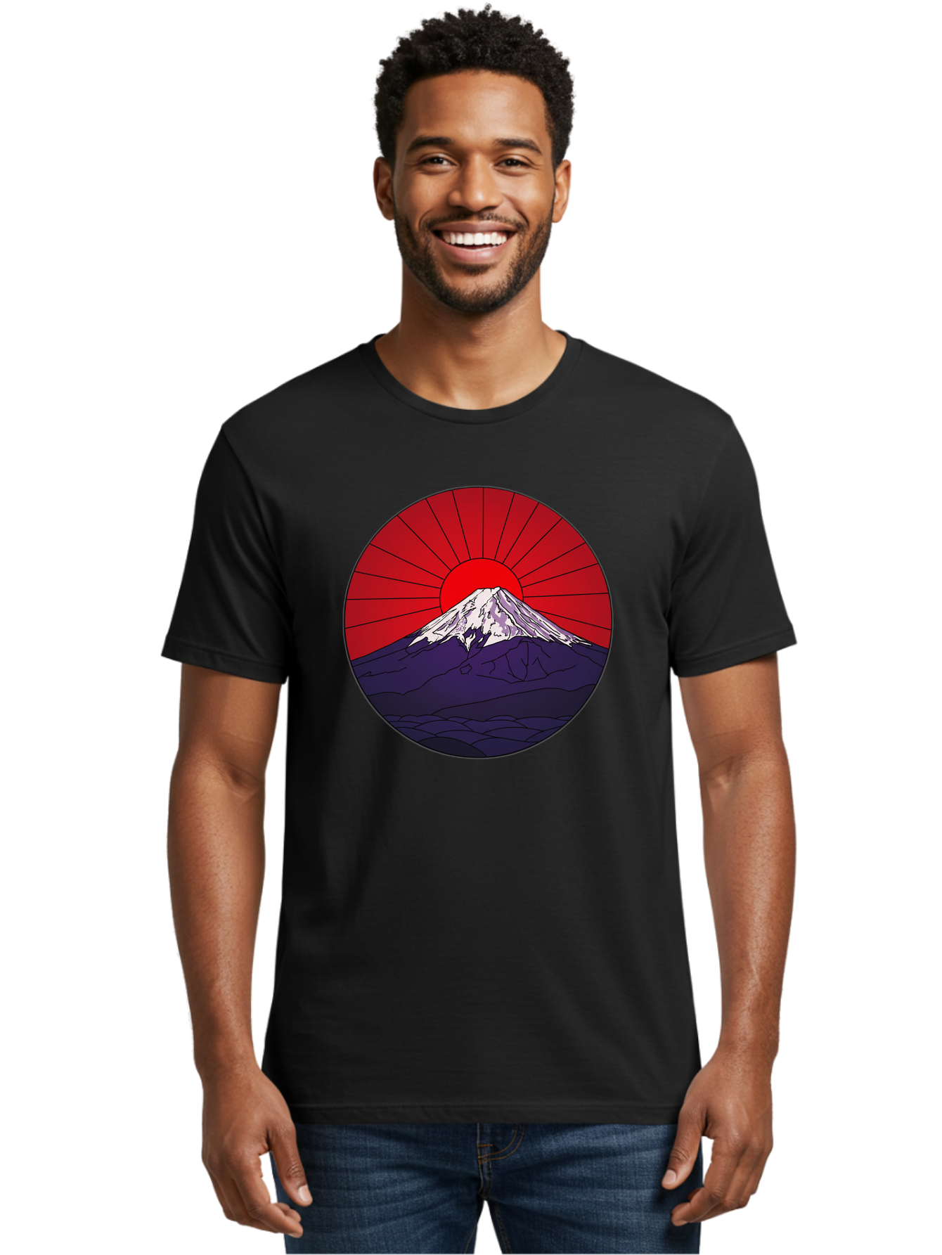 Fujisan Men'S Graphic Tee, 100% Cotton, Comfortable Casual Summer Wear, Machine Washable, Mount Fuji Landscape, Red Sunrise, Iconic Mountain, Japan Scenery, Minimalist Art, Sunrise Over Mountains, Snow-Capped Peak Bad953
