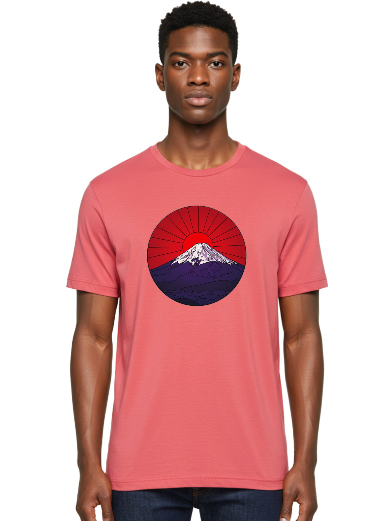 Fujisan Men'S Graphic Tee, 100% Cotton, Comfortable Casual Summer Wear, Machine Washable, Mount Fuji Landscape, Red Sunrise, Iconic Mountain, Japan Scenery, Minimalist Art, Sunrise Over Mountains, Snow-Capped Peak Bad953