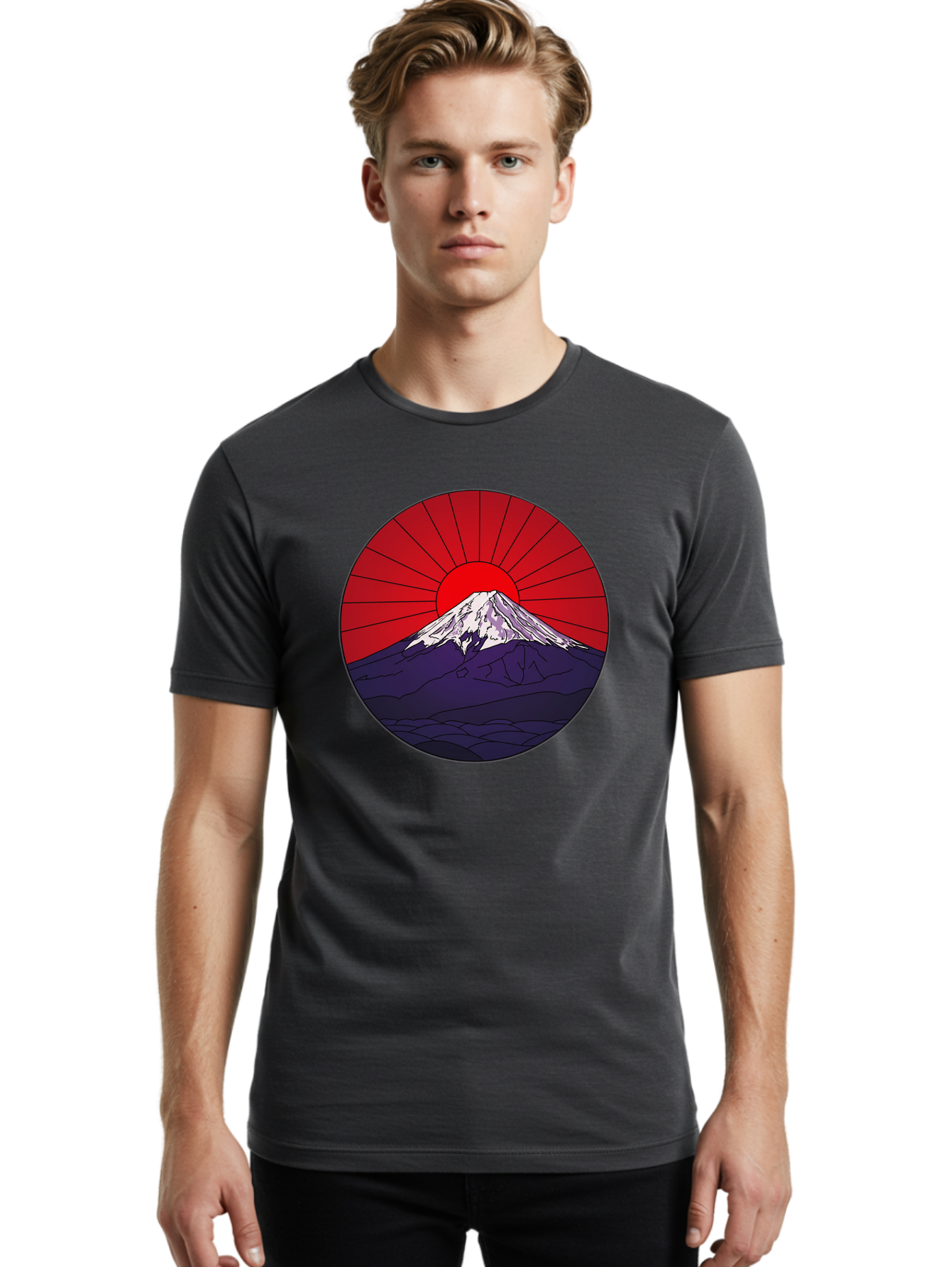 Fujisan Men'S Graphic Tee, 100% Cotton, Comfortable Casual Summer Wear, Machine Washable, Mount Fuji Landscape, Red Sunrise, Iconic Mountain, Japan Scenery, Minimalist Art, Sunrise Over Mountains, Snow-Capped Peak Bad953