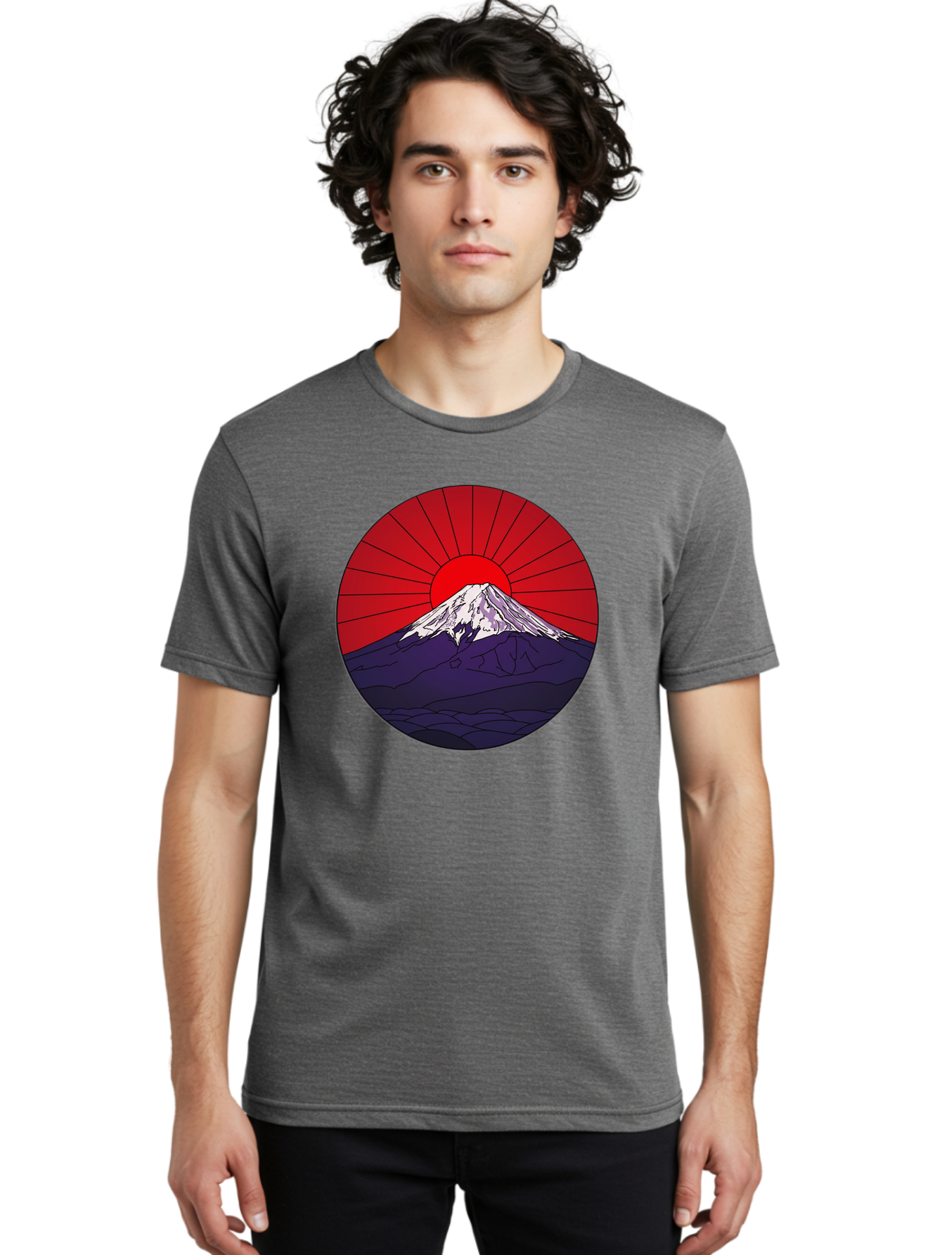 Fujisan Men'S Graphic Tee, 100% Cotton, Comfortable Casual Summer Wear, Machine Washable, Mount Fuji Landscape, Red Sunrise, Iconic Mountain, Japan Scenery, Minimalist Art, Sunrise Over Mountains, Snow-Capped Peak Bad953