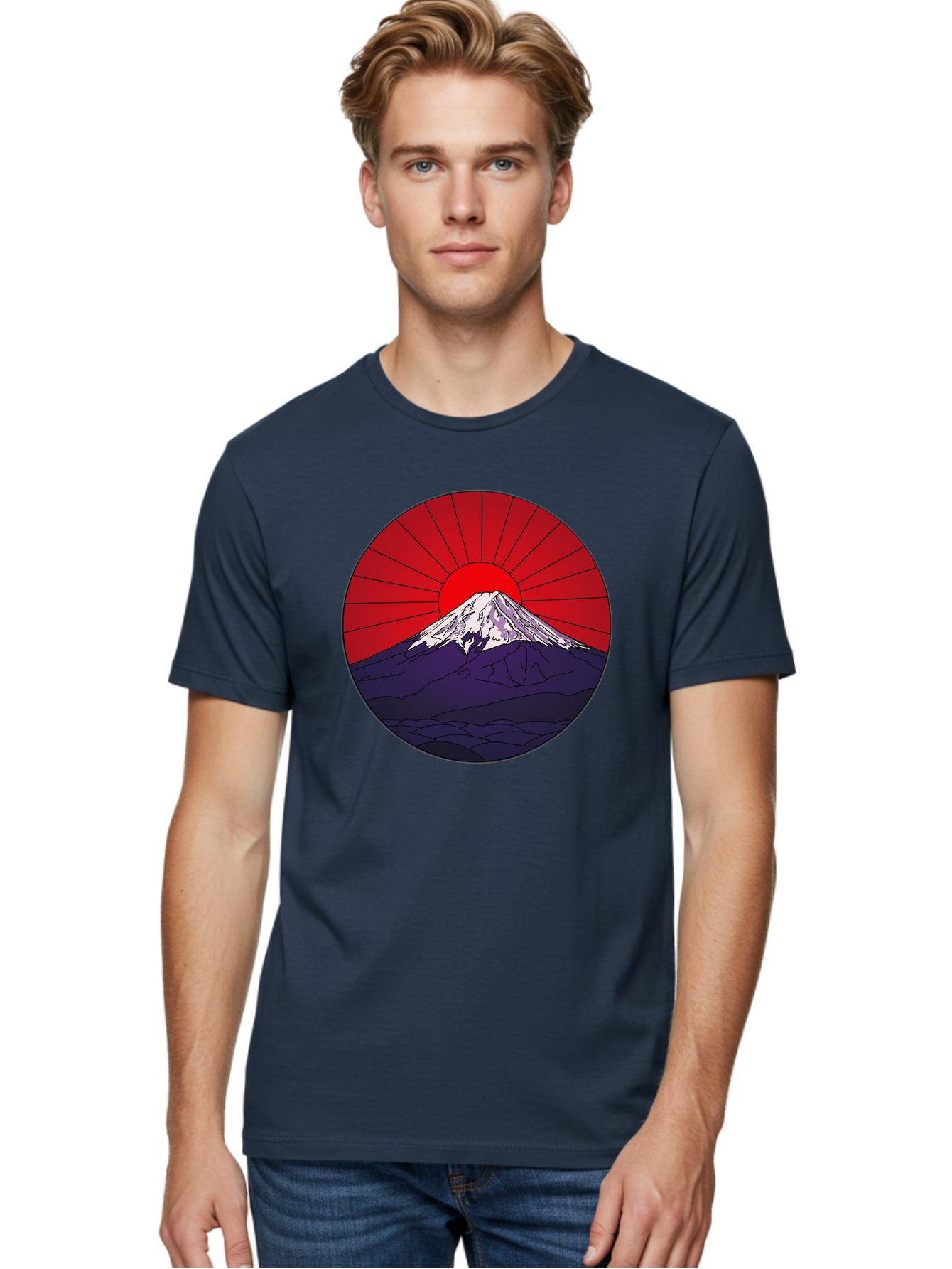 Fujisan Men'S Graphic Tee, 100% Cotton, Comfortable Casual Summer Wear, Machine Washable, Mount Fuji Landscape, Red Sunrise, Iconic Mountain, Japan Scenery, Minimalist Art, Sunrise Over Mountains, Snow-Capped Peak Bad953