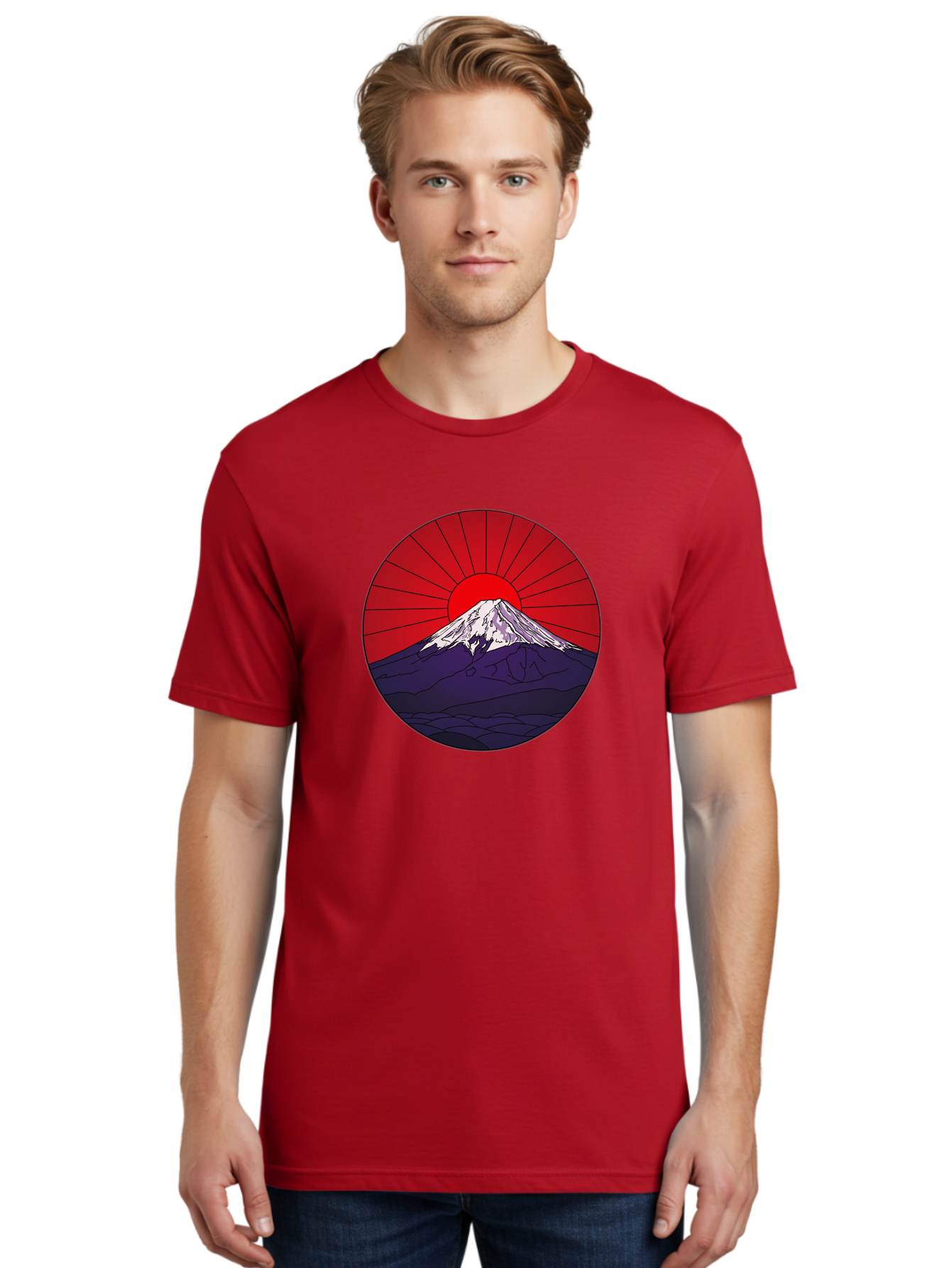 Fujisan Men'S Graphic Tee, 100% Cotton, Comfortable Casual Summer Wear, Machine Washable, Mount Fuji Landscape, Red Sunrise, Iconic Mountain, Japan Scenery, Minimalist Art, Sunrise Over Mountains, Snow-Capped Peak Bad953
