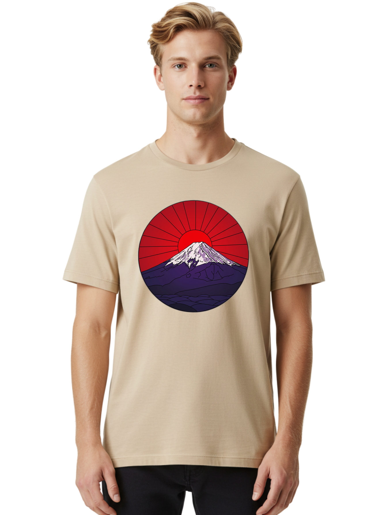 Fujisan Men'S Graphic Tee, 100% Cotton, Comfortable Casual Summer Wear, Machine Washable, Mount Fuji Landscape, Red Sunrise, Iconic Mountain, Japan Scenery, Minimalist Art, Sunrise Over Mountains, Snow-Capped Peak Bad953
