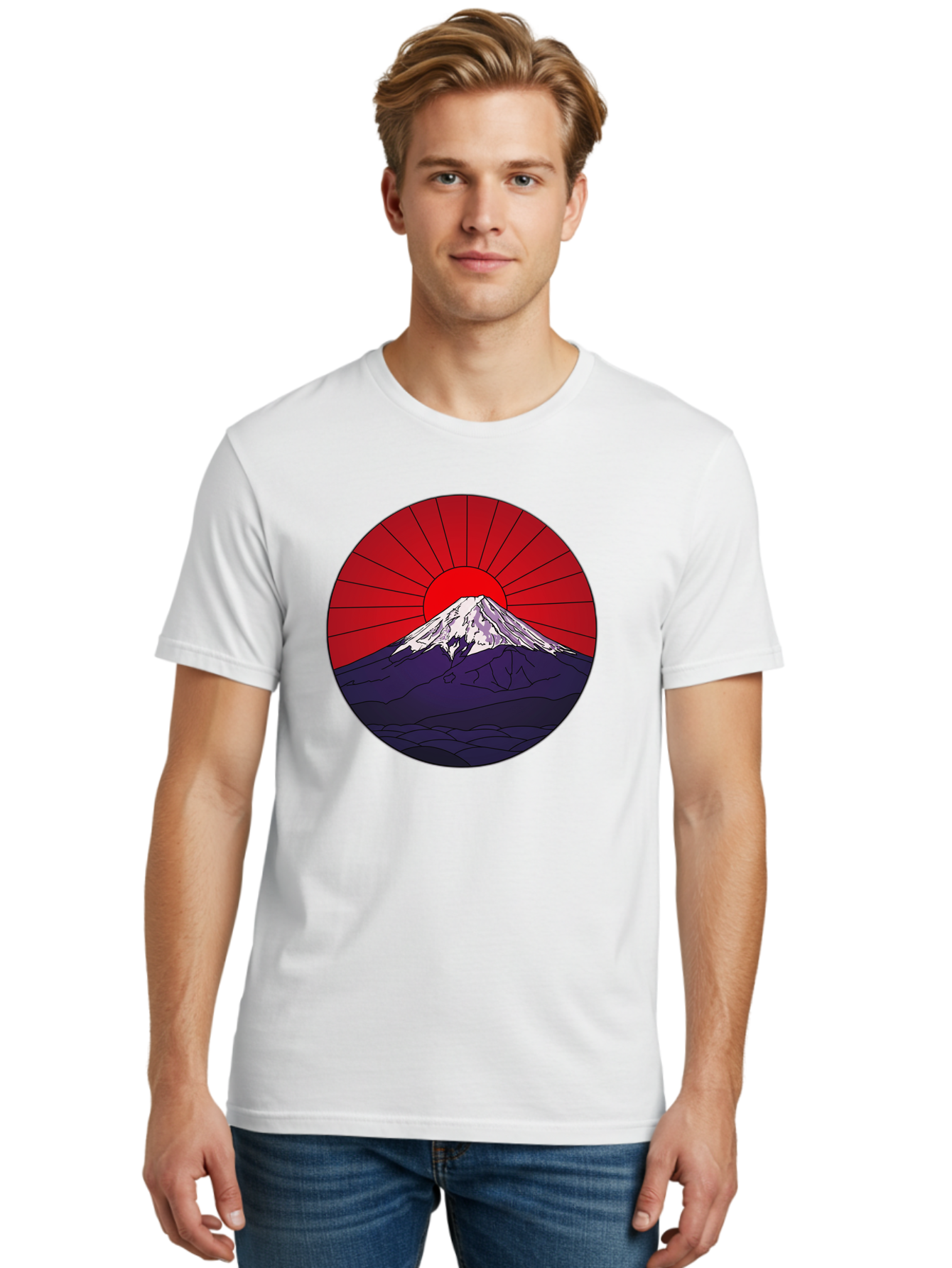 Fujisan Men'S Graphic Tee, 100% Cotton, Comfortable Casual Summer Wear, Machine Washable, Mount Fuji Landscape, Red Sunrise, Iconic Mountain, Japan Scenery, Minimalist Art, Sunrise Over Mountains, Snow-Capped Peak Bad953