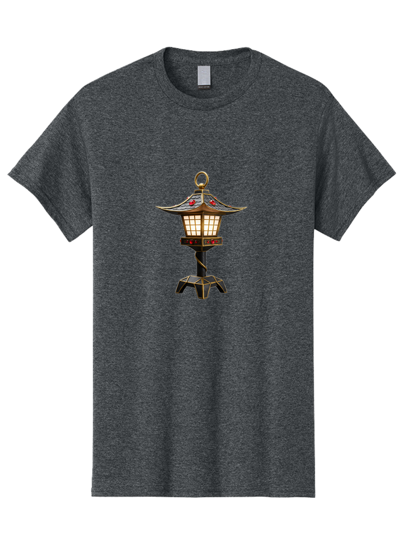 Japanese-Lantern-2 Men'S Graphic Tee, 100% Cotton, Comfortable Casual Summer Wear, Machine Washable, Traditional Pagoda Lantern, Ornate Metalwork, Red Gemstones, Gold Trim, Soft Glow, Warm Lighting, Japanese Decor, Oriental Design, Bad955