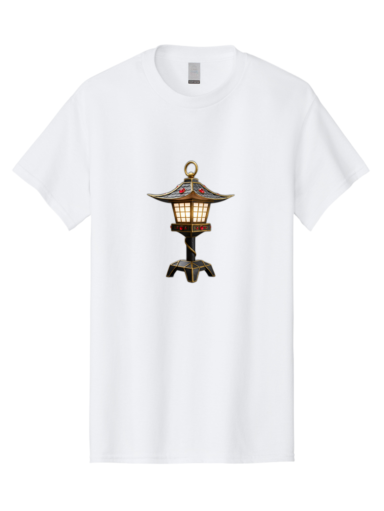 Japanese-Lantern-2 Men'S Graphic Tee, 100% Cotton, Comfortable Casual Summer Wear, Machine Washable, Traditional Pagoda Lantern, Ornate Metalwork, Red Gemstones, Gold Trim, Soft Glow, Warm Lighting, Japanese Decor, Oriental Design, Bad955