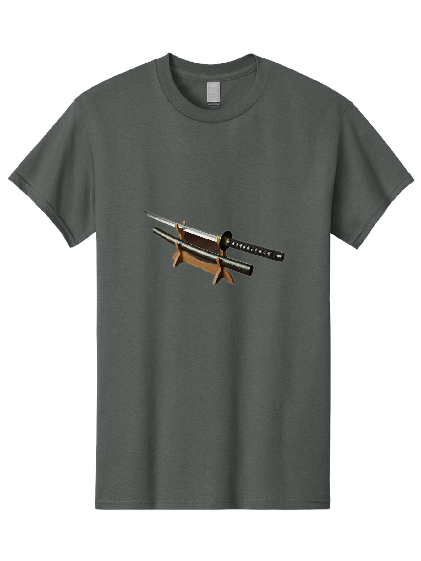 Katana-And-Scabbard Men'S Graphic Tee, 100% Cotton, Comfortable Casual Summer Wear, Machine Washable, Katana Sword, Japanese Sword, Samurai Sword, Katana On Stand, Sword Display, Traditional Japanese, Martial Arts, Black Scabbard, Wooden Stand Bad958