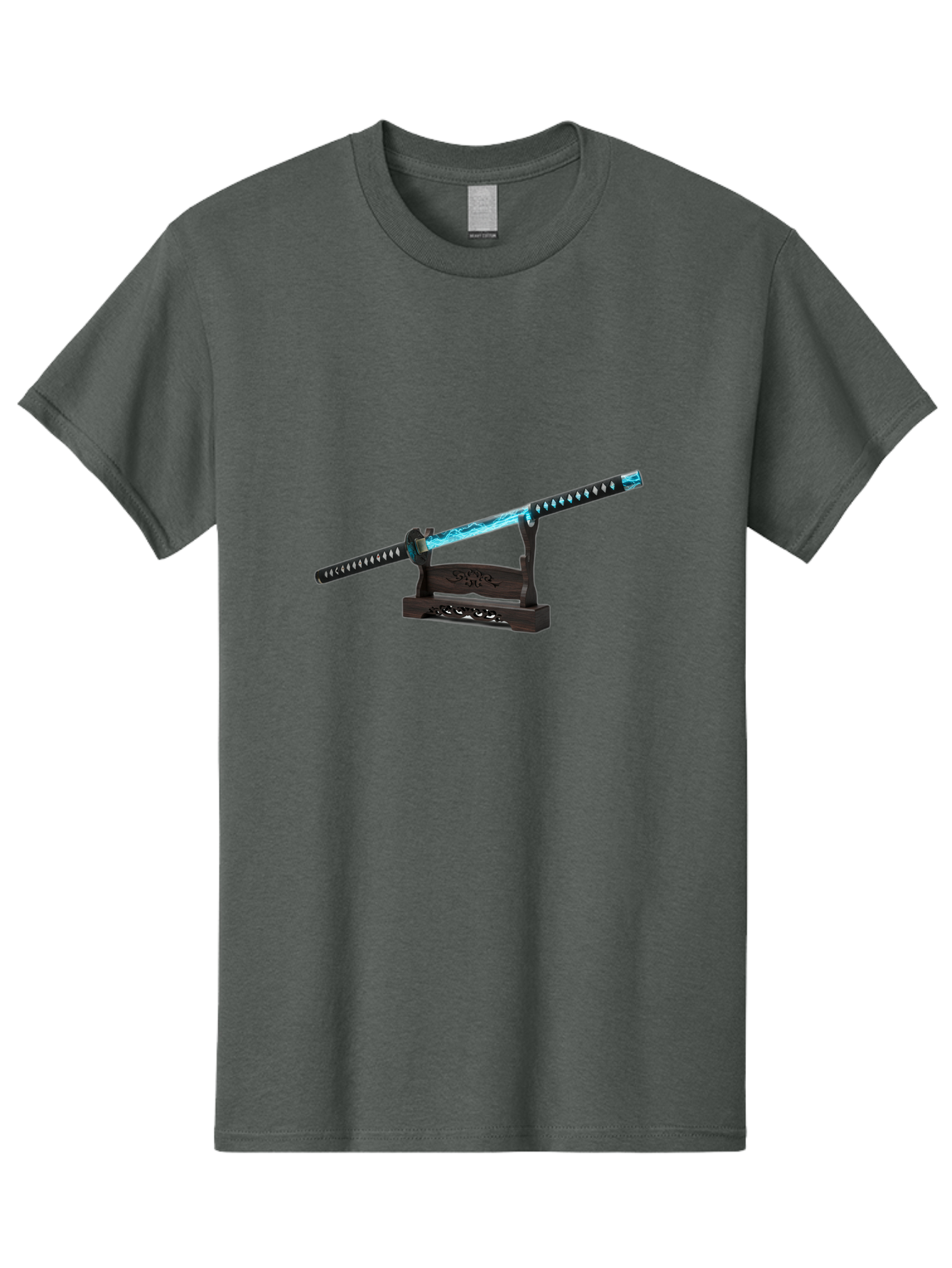 Katana-Sword-1 Men'S Graphic Tee, 100% Cotton, Comfortable Casual Summer Wear, Machine Washable, Katana Sword, Nichirin Blade, Anime Sword, Fantasy Sword, Sword On Stand, Katana Art, Japanese Sword, Blue Flame, Unique Handle, Artistic Display Bad959