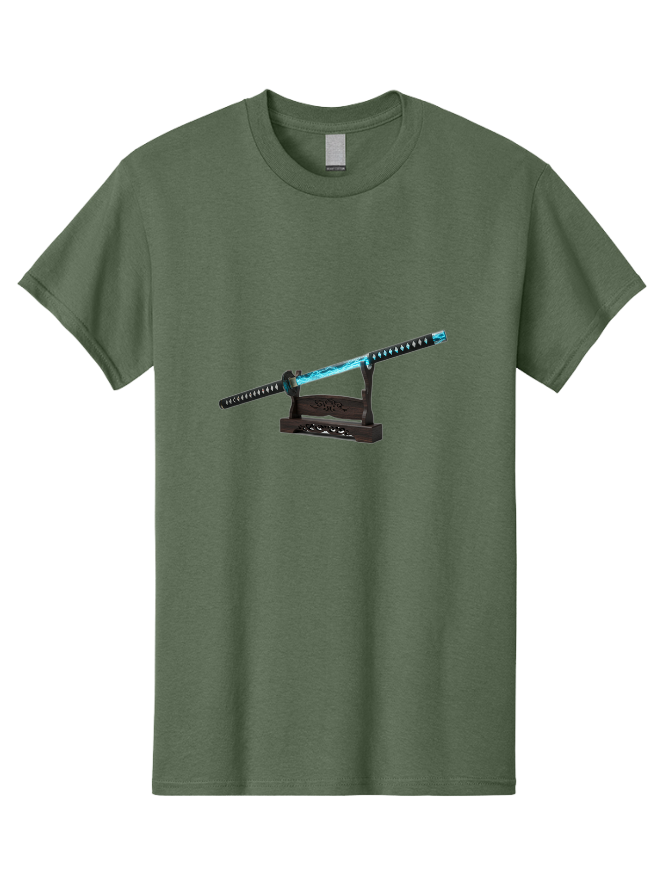 Katana-Sword-1 Men'S Graphic Tee, 100% Cotton, Comfortable Casual Summer Wear, Machine Washable, Katana Sword, Nichirin Blade, Anime Sword, Fantasy Sword, Sword On Stand, Katana Art, Japanese Sword, Blue Flame, Unique Handle, Artistic Display Bad959