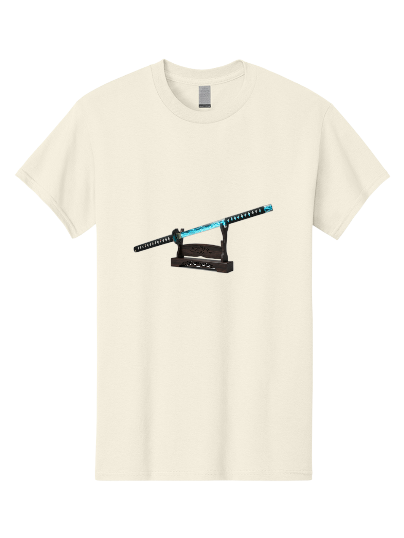 Katana-Sword-1 Men'S Graphic Tee, 100% Cotton, Comfortable Casual Summer Wear, Machine Washable, Katana Sword, Nichirin Blade, Anime Sword, Fantasy Sword, Sword On Stand, Katana Art, Japanese Sword, Blue Flame, Unique Handle, Artistic Display Bad959
