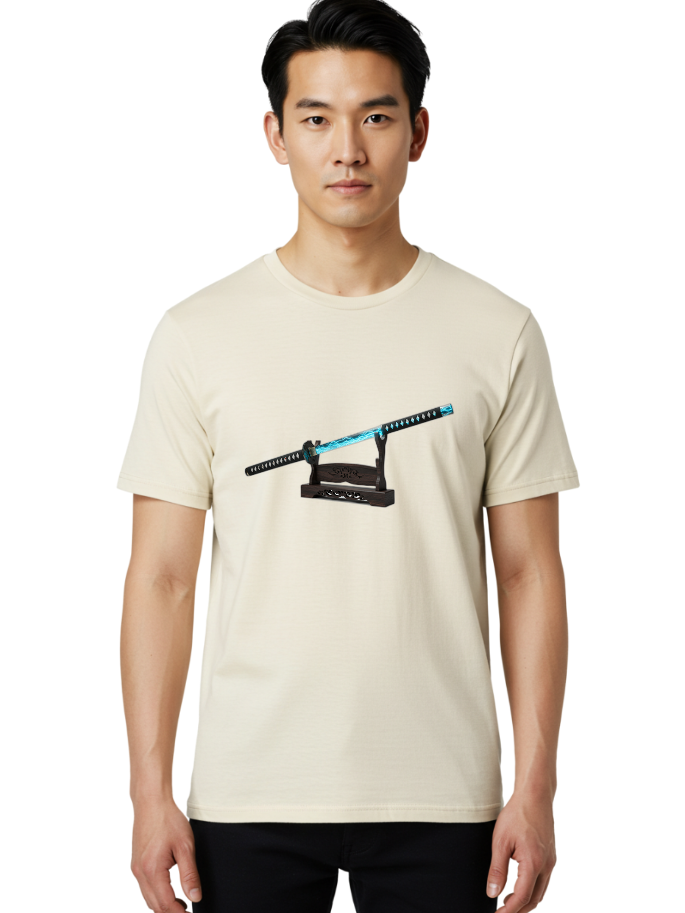 Katana-Sword-1 Men'S Graphic Tee, 100% Cotton, Comfortable Casual Summer Wear, Machine Washable, Katana Sword, Nichirin Blade, Anime Sword, Fantasy Sword, Sword On Stand, Katana Art, Japanese Sword, Blue Flame, Unique Handle, Artistic Display Bad959