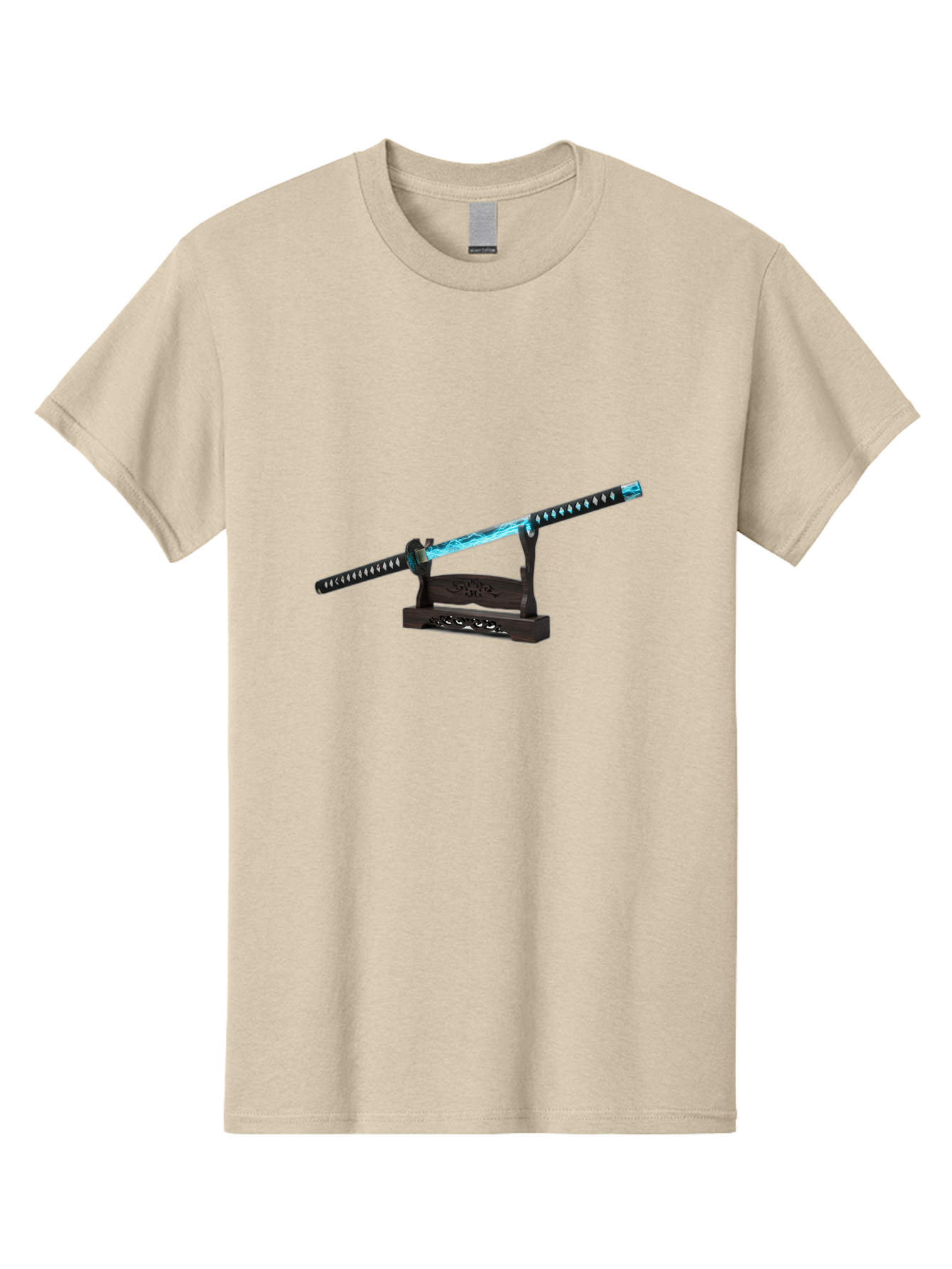 Katana-Sword-1 Men'S Graphic Tee, 100% Cotton, Comfortable Casual Summer Wear, Machine Washable, Katana Sword, Nichirin Blade, Anime Sword, Fantasy Sword, Sword On Stand, Katana Art, Japanese Sword, Blue Flame, Unique Handle, Artistic Display Bad959
