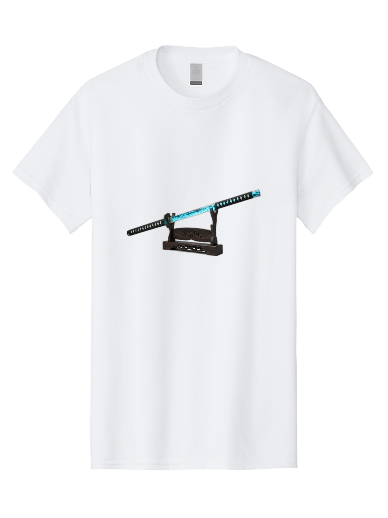 Katana-Sword-1 Men'S Graphic Tee, 100% Cotton, Comfortable Casual Summer Wear, Machine Washable, Katana Sword, Nichirin Blade, Anime Sword, Fantasy Sword, Sword On Stand, Katana Art, Japanese Sword, Blue Flame, Unique Handle, Artistic Display Bad959