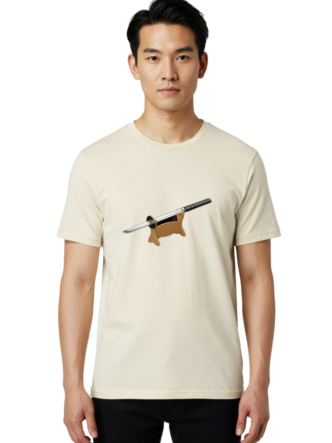 Katana-Sword Men'S Graphic Tee, 100% Cotton, Comfortable Casual Summer Wear, Machine Washable, Samurai Sword, Katana, Japanese Sword, Wooden Stand, Metal Guard, Hand Grip, Sword Display, Martial Arts Equipment, Historical Weapon Bad960