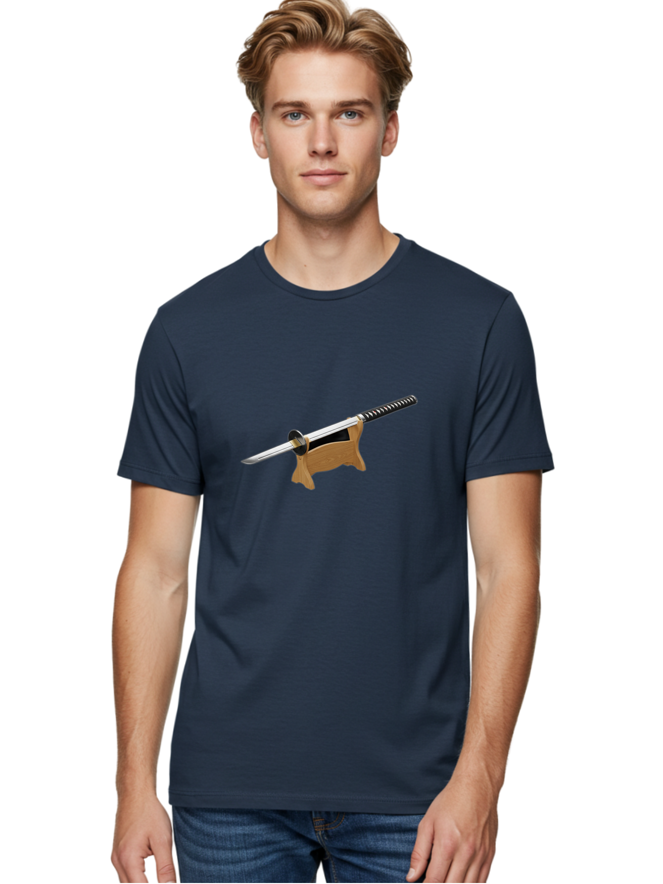 Katana-Sword Men'S Graphic Tee, 100% Cotton, Comfortable Casual Summer Wear, Machine Washable, Samurai Sword, Katana, Japanese Sword, Wooden Stand, Metal Guard, Hand Grip, Sword Display, Martial Arts Equipment, Historical Weapon Bad960