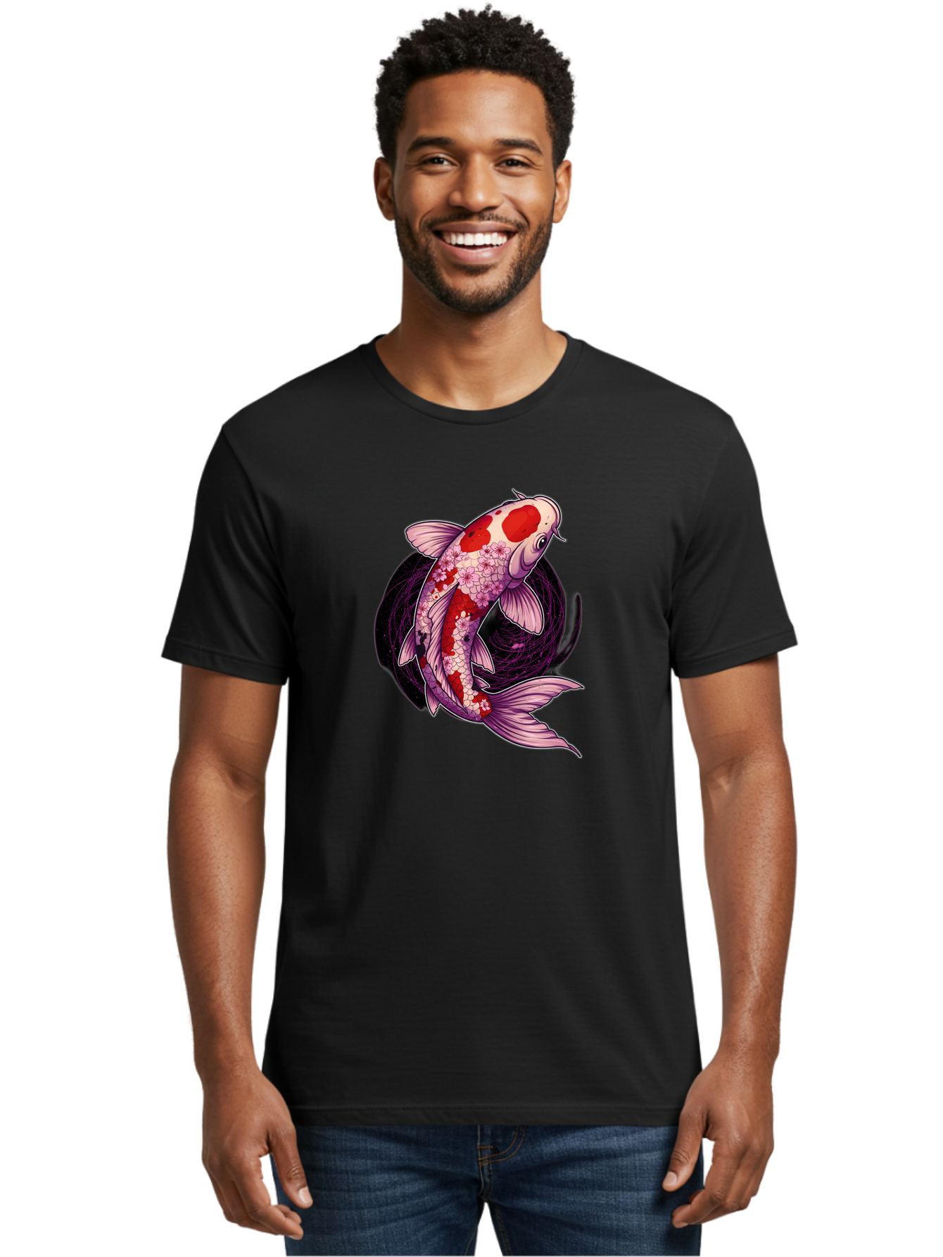 Koi-Fish-1 Men'S Graphic Tee, 100% Cotton, Comfortable Casual Summer Wear, Machine Washable, Koi Fish, Floral Patterns, Red And White Scales, Pink Flowers, Dynamic Swirl, Elegant Design, Japanese Inspiration, Symbolic Fish, Water Creature, Bad962