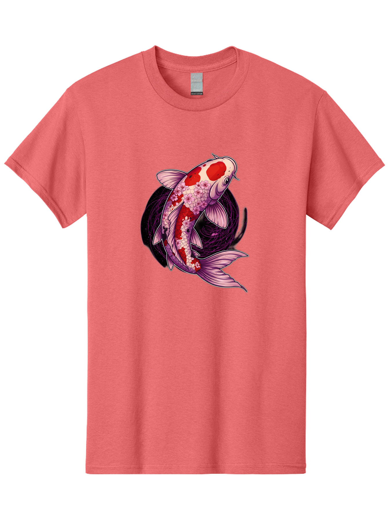 Koi-Fish-1 Men'S Graphic Tee, 100% Cotton, Comfortable Casual Summer Wear, Machine Washable, Koi Fish, Floral Patterns, Red And White Scales, Pink Flowers, Dynamic Swirl, Elegant Design, Japanese Inspiration, Symbolic Fish, Water Creature, Bad962