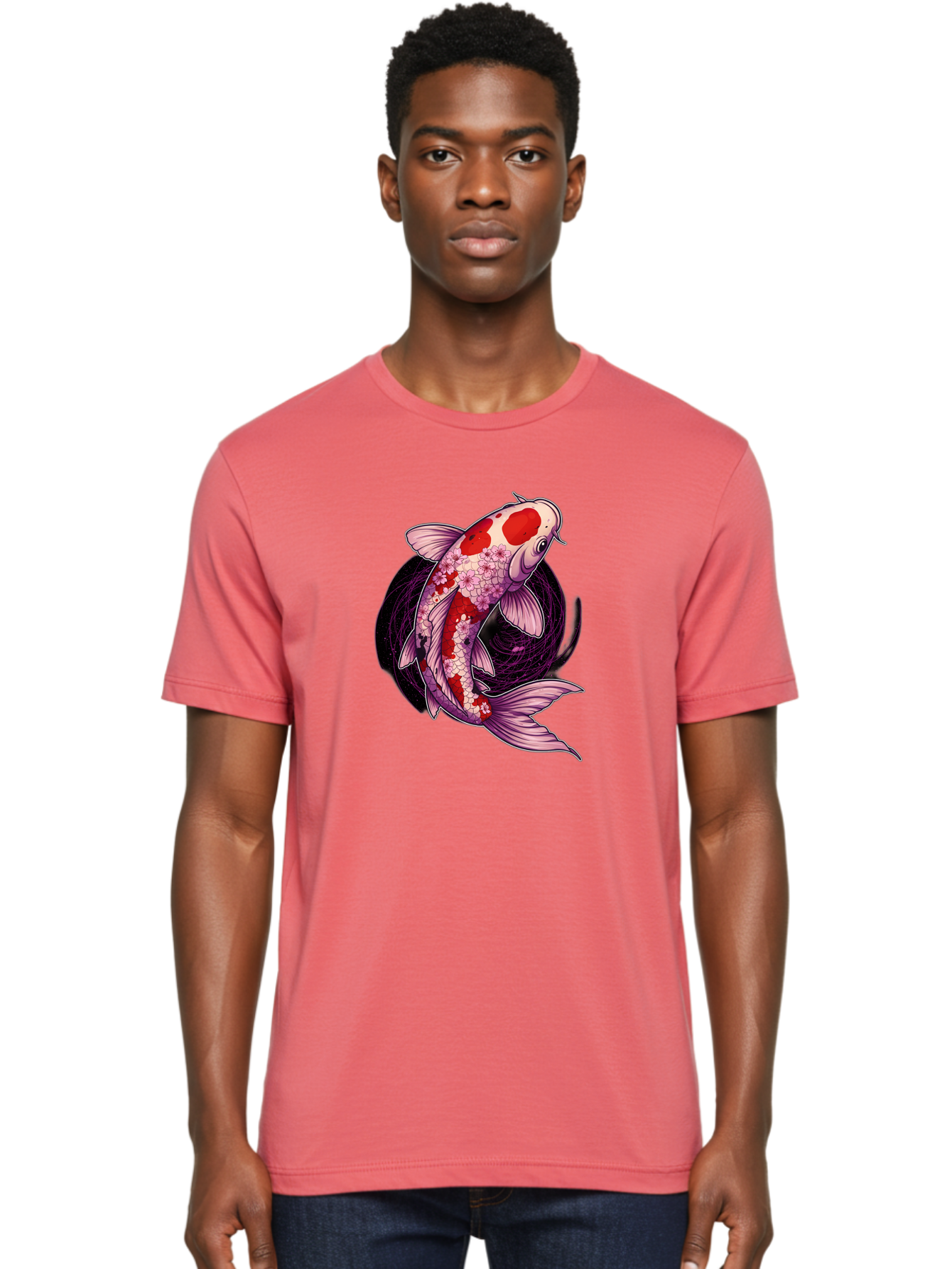 Koi-Fish-1 Men'S Graphic Tee, 100% Cotton, Comfortable Casual Summer Wear, Machine Washable, Koi Fish, Floral Patterns, Red And White Scales, Pink Flowers, Dynamic Swirl, Elegant Design, Japanese Inspiration, Symbolic Fish, Water Creature, Bad962