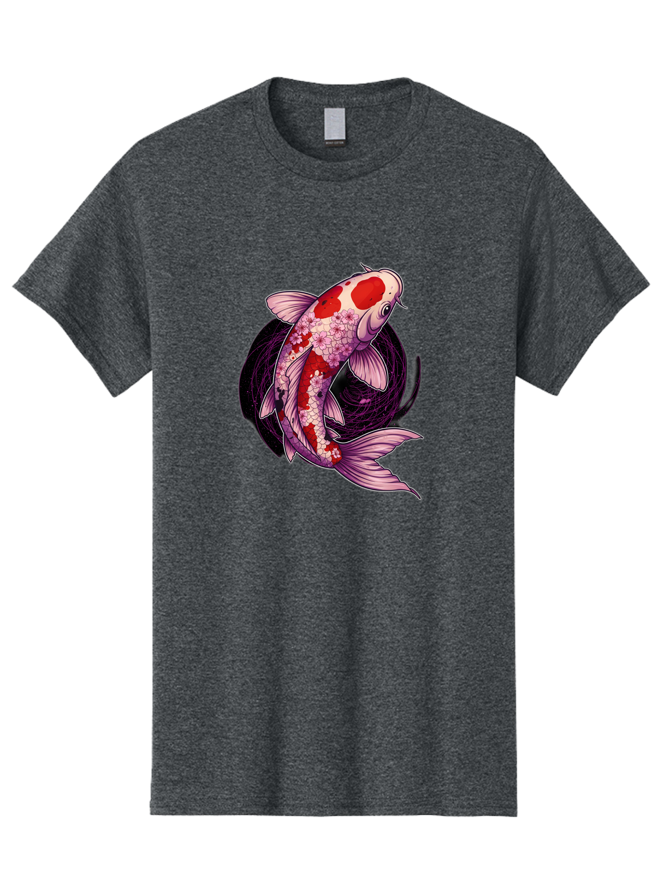 Koi-Fish-1 Men'S Graphic Tee, 100% Cotton, Comfortable Casual Summer Wear, Machine Washable, Koi Fish, Floral Patterns, Red And White Scales, Pink Flowers, Dynamic Swirl, Elegant Design, Japanese Inspiration, Symbolic Fish, Water Creature, Bad962