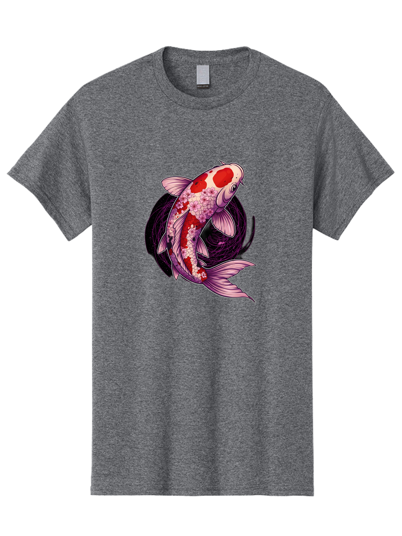 Koi-Fish-1 Men'S Graphic Tee, 100% Cotton, Comfortable Casual Summer Wear, Machine Washable, Koi Fish, Floral Patterns, Red And White Scales, Pink Flowers, Dynamic Swirl, Elegant Design, Japanese Inspiration, Symbolic Fish, Water Creature, Bad962