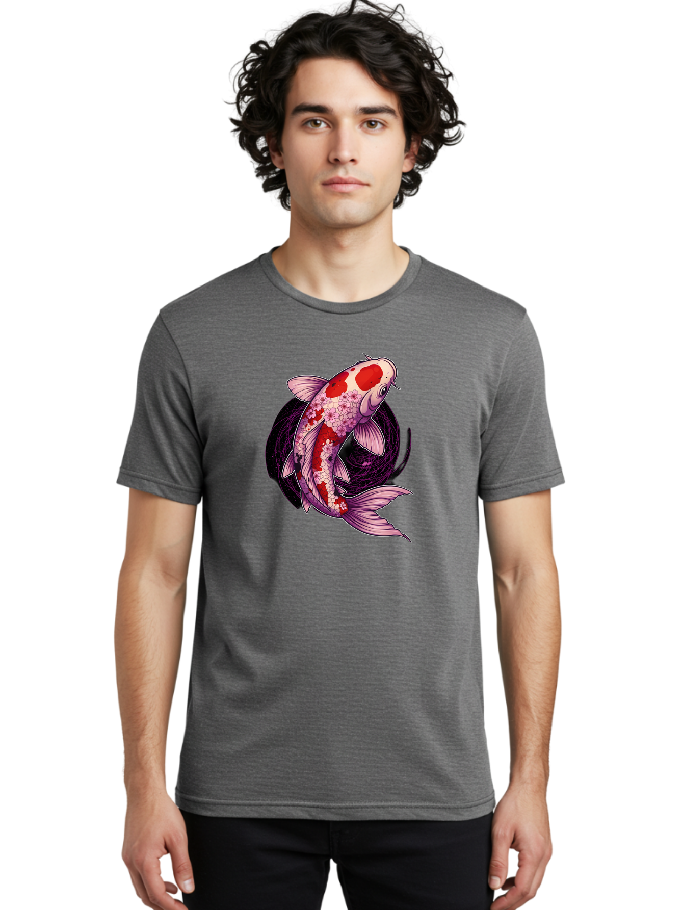 Koi-Fish-1 Men'S Graphic Tee, 100% Cotton, Comfortable Casual Summer Wear, Machine Washable, Koi Fish, Floral Patterns, Red And White Scales, Pink Flowers, Dynamic Swirl, Elegant Design, Japanese Inspiration, Symbolic Fish, Water Creature, Bad962
