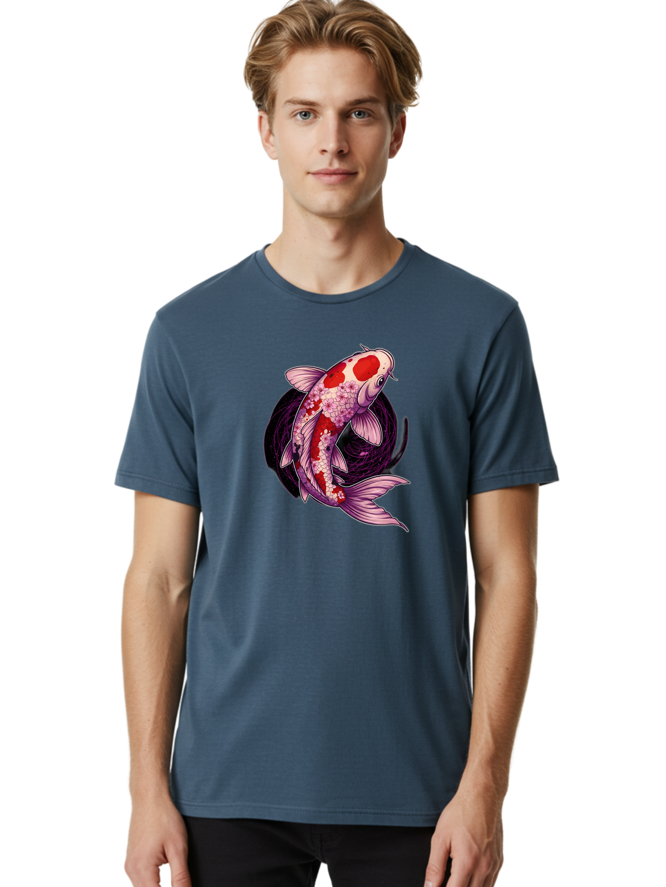 Koi-Fish-1 Men'S Graphic Tee, 100% Cotton, Comfortable Casual Summer Wear, Machine Washable, Koi Fish, Floral Patterns, Red And White Scales, Pink Flowers, Dynamic Swirl, Elegant Design, Japanese Inspiration, Symbolic Fish, Water Creature, Bad962