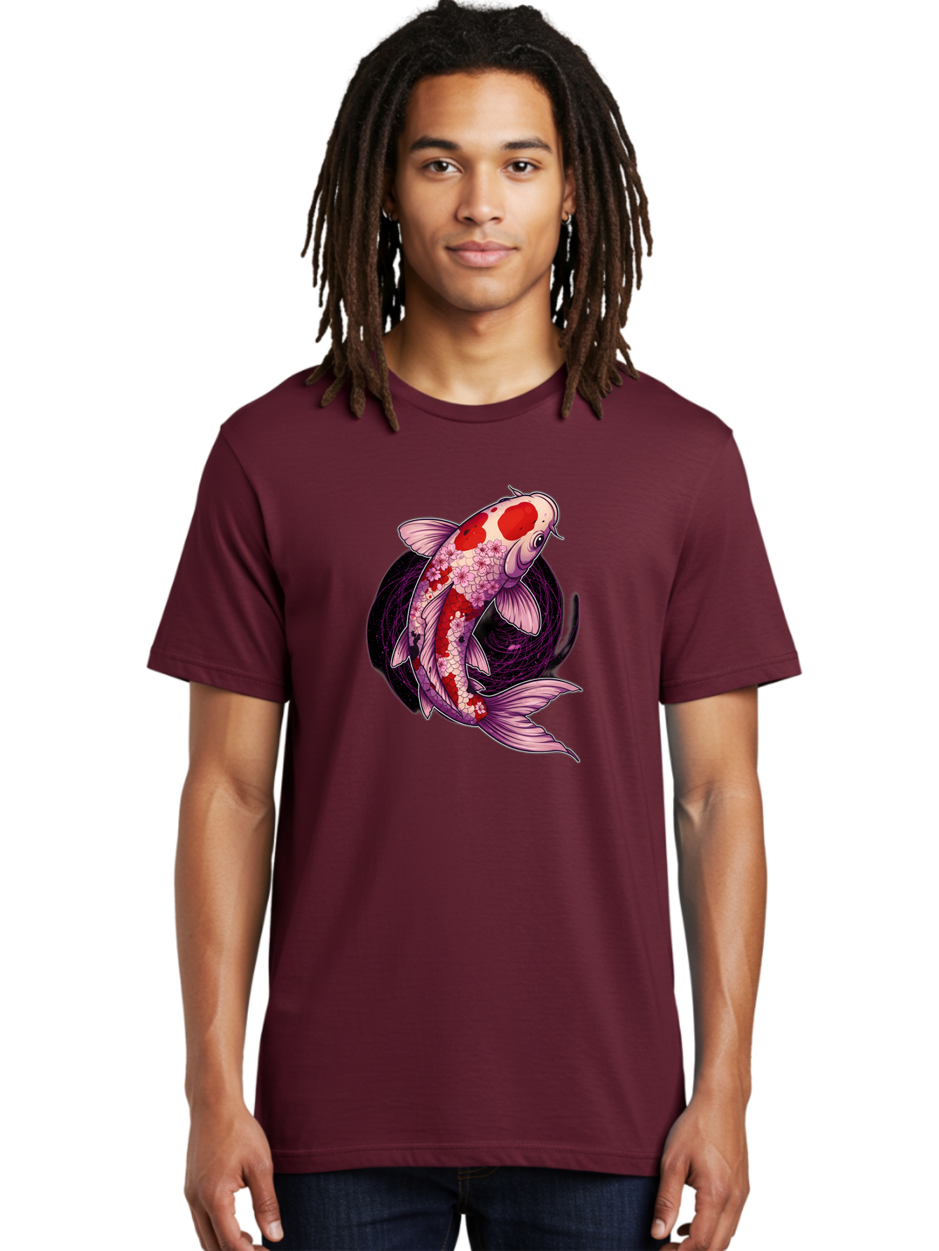 Koi-Fish-1 Men'S Graphic Tee, 100% Cotton, Comfortable Casual Summer Wear, Machine Washable, Koi Fish, Floral Patterns, Red And White Scales, Pink Flowers, Dynamic Swirl, Elegant Design, Japanese Inspiration, Symbolic Fish, Water Creature, Bad962