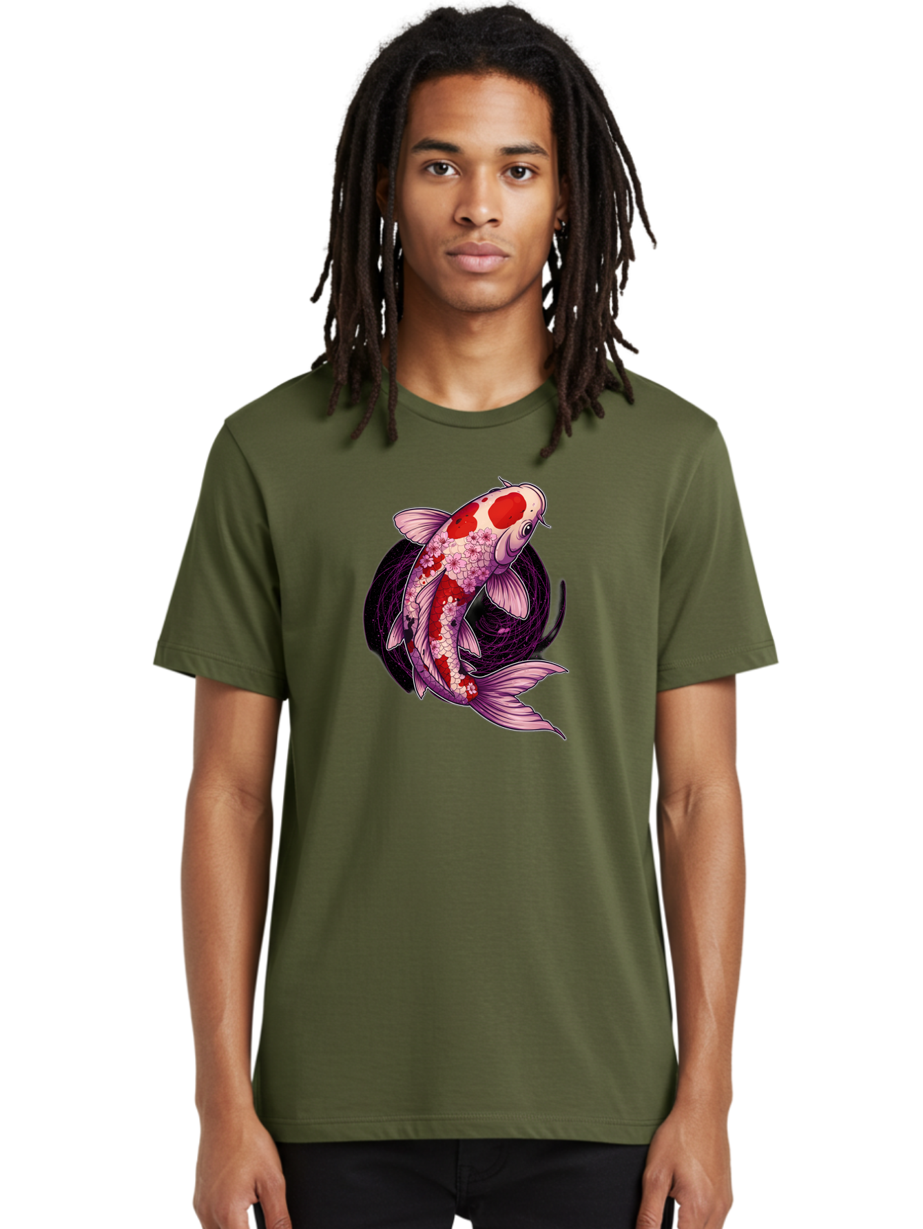 Koi-Fish-1 Men'S Graphic Tee, 100% Cotton, Comfortable Casual Summer Wear, Machine Washable, Koi Fish, Floral Patterns, Red And White Scales, Pink Flowers, Dynamic Swirl, Elegant Design, Japanese Inspiration, Symbolic Fish, Water Creature, Bad962