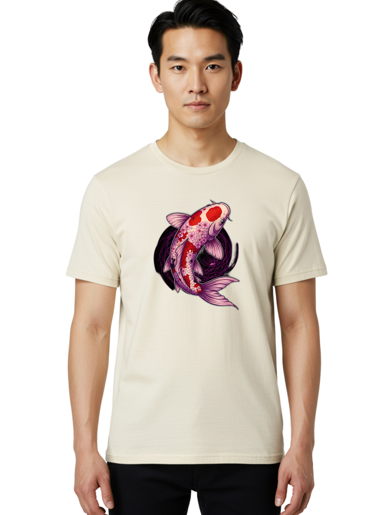 Koi-Fish-1 Men'S Graphic Tee, 100% Cotton, Comfortable Casual Summer Wear, Machine Washable, Koi Fish, Floral Patterns, Red And White Scales, Pink Flowers, Dynamic Swirl, Elegant Design, Japanese Inspiration, Symbolic Fish, Water Creature, Bad962