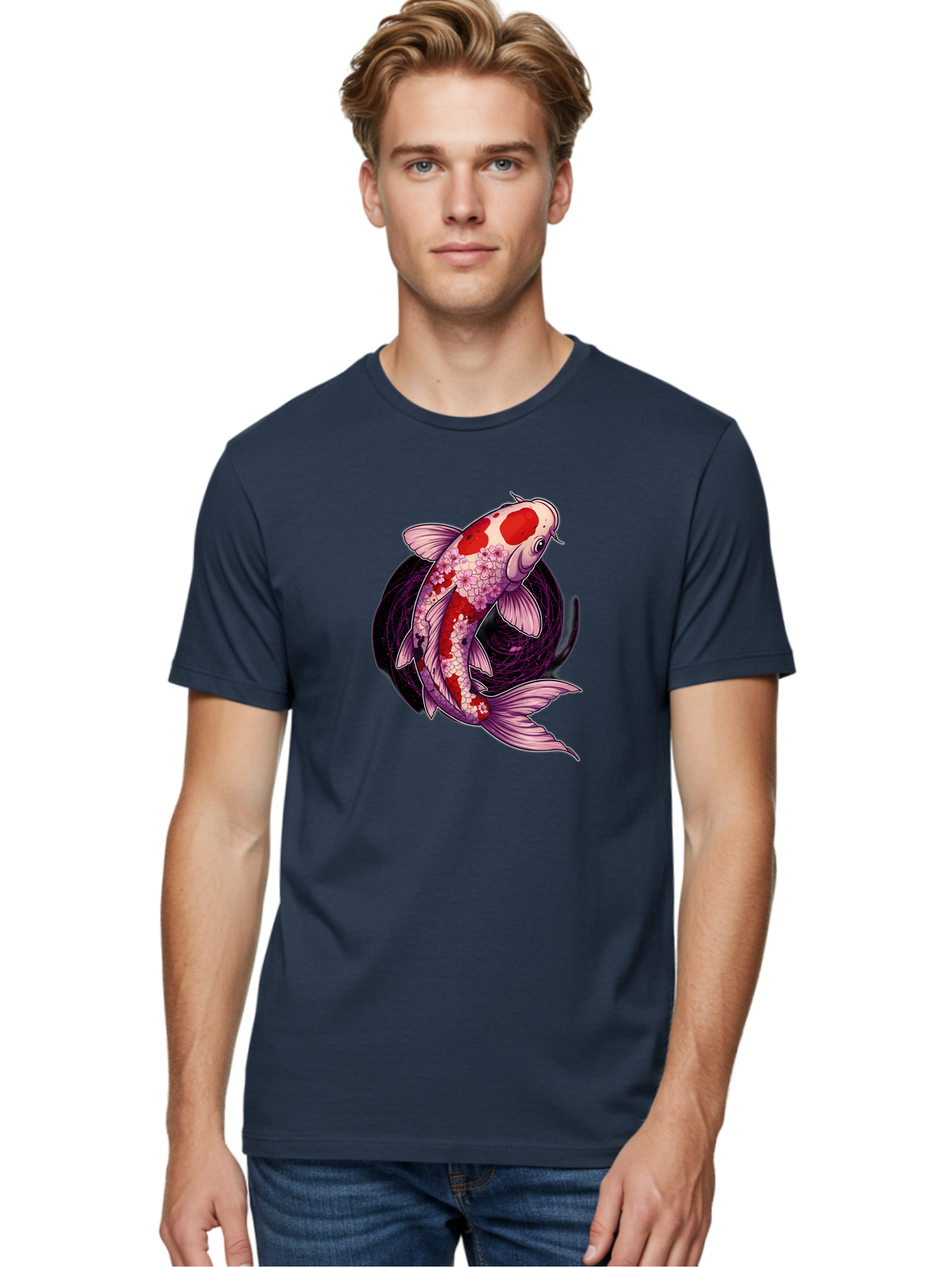 Koi-Fish-1 Men'S Graphic Tee, 100% Cotton, Comfortable Casual Summer Wear, Machine Washable, Koi Fish, Floral Patterns, Red And White Scales, Pink Flowers, Dynamic Swirl, Elegant Design, Japanese Inspiration, Symbolic Fish, Water Creature, Bad962