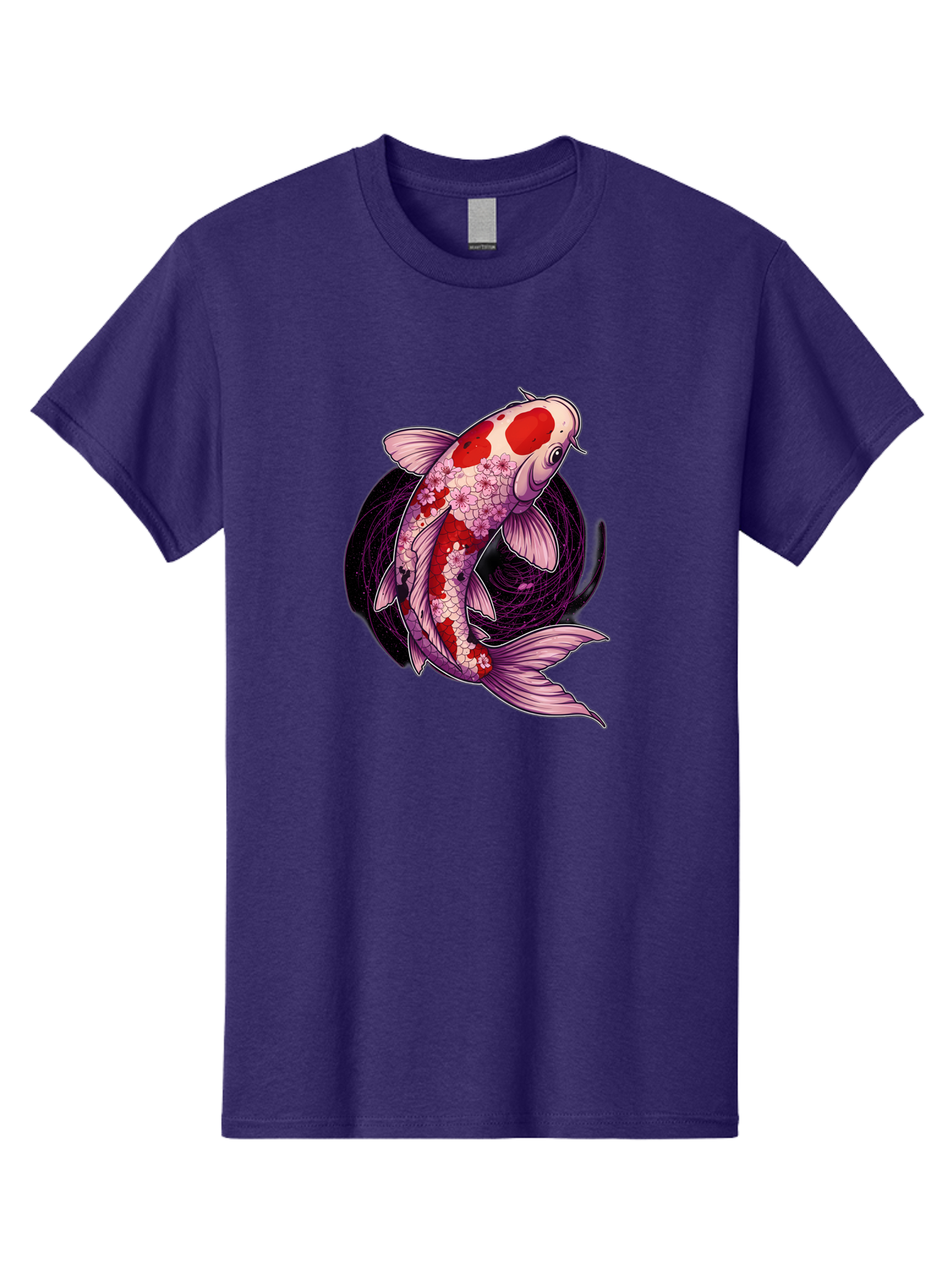 Koi-Fish-1 Men'S Graphic Tee, 100% Cotton, Comfortable Casual Summer Wear, Machine Washable, Koi Fish, Floral Patterns, Red And White Scales, Pink Flowers, Dynamic Swirl, Elegant Design, Japanese Inspiration, Symbolic Fish, Water Creature, Bad962