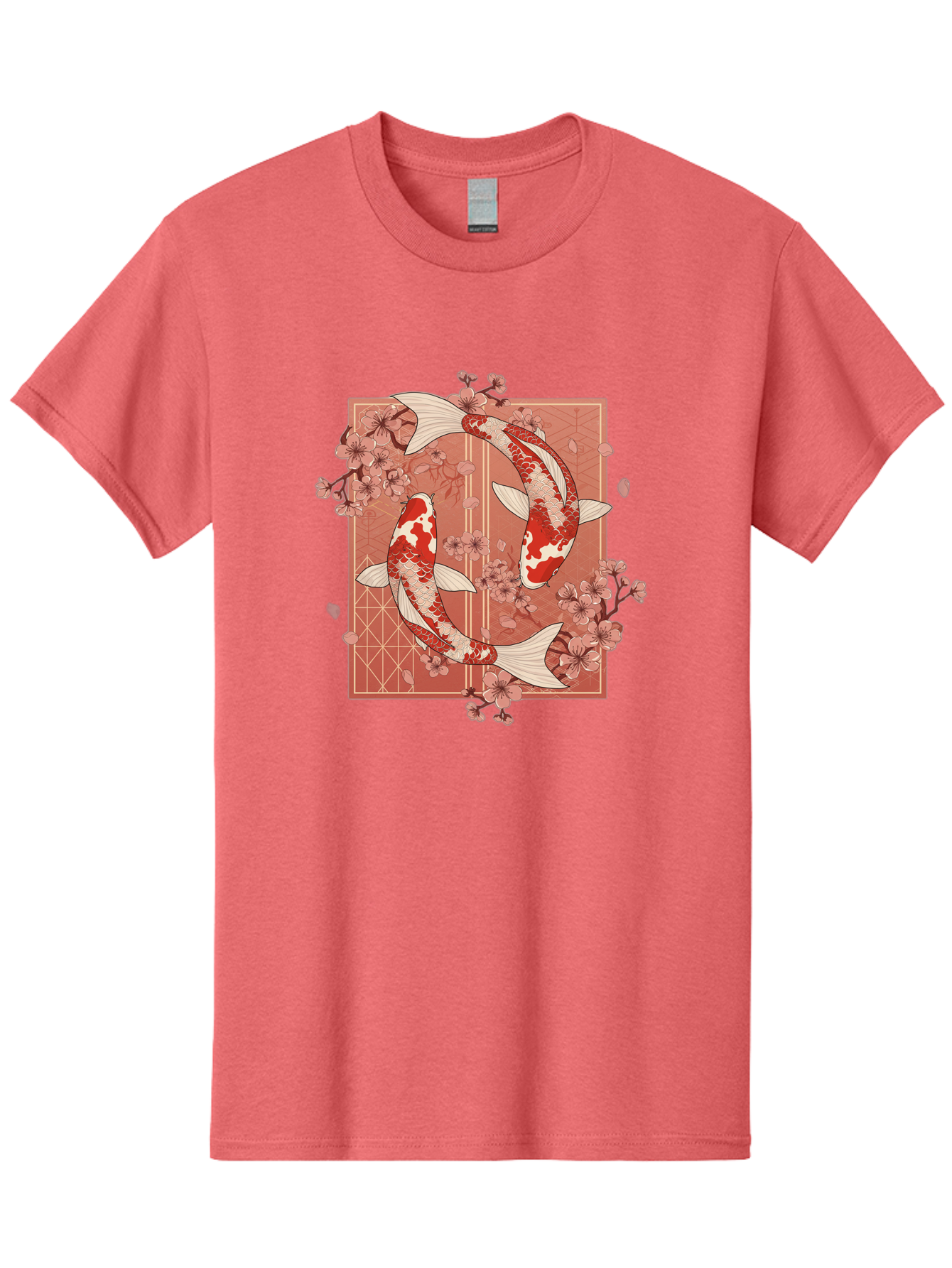 Koi-Fish Men'S Graphic Tee, 100% Cotton, Comfortable Casual Summer Wear, Machine Washable, Koi Fish, Red And White Fish, Cherry Blossoms, Japanese Culture, Traditional Art, Symbolic Fish, Harmonious Design, Serene Atmosphere, Elegant Pattern, Bad963