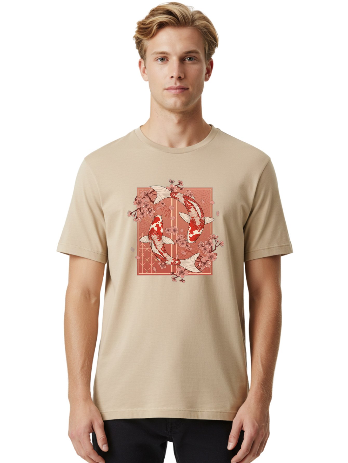 Koi-Fish Men'S Graphic Tee, 100% Cotton, Comfortable Casual Summer Wear, Machine Washable, Koi Fish, Red And White Fish, Cherry Blossoms, Japanese Culture, Traditional Art, Symbolic Fish, Harmonious Design, Serene Atmosphere, Elegant Pattern, Bad963