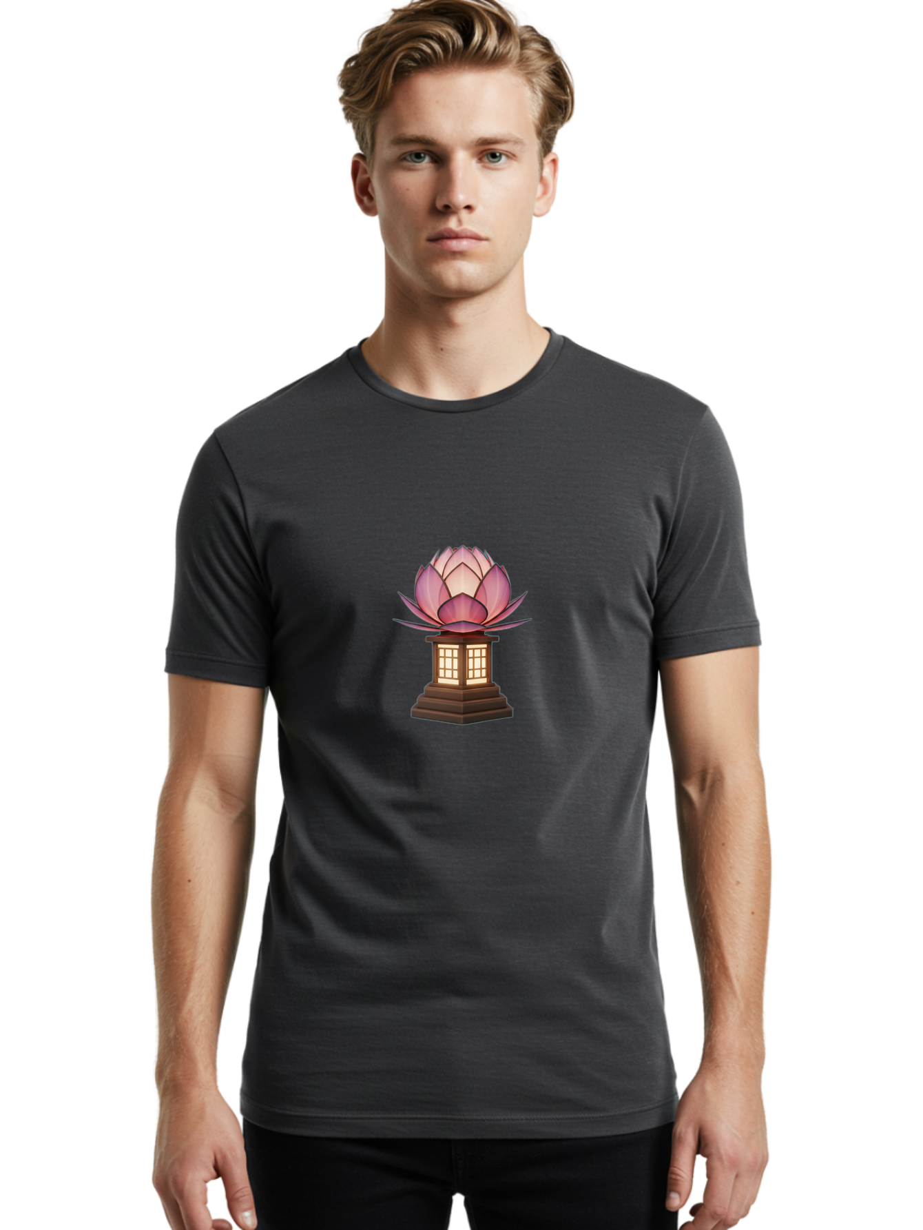 Lotus-Lantern Men'S Graphic Tee, 100% Cotton, Comfortable Casual Summer Wear, Machine Washable, Lotus Flower, Lantern, Peaceful Ambiance, Soft Lighting, Serene Decor, Spiritual Symbol, Zen Inspiration, Floral Design, Tranquil Atmosphere Bad965