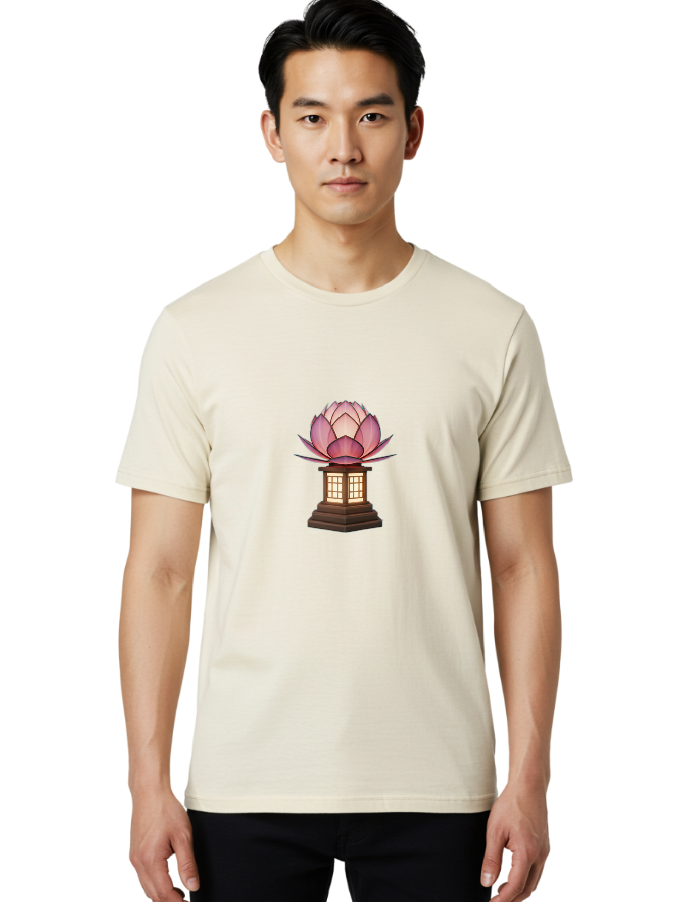Lotus-Lantern Men'S Graphic Tee, 100% Cotton, Comfortable Casual Summer Wear, Machine Washable, Lotus Flower, Lantern, Peaceful Ambiance, Soft Lighting, Serene Decor, Spiritual Symbol, Zen Inspiration, Floral Design, Tranquil Atmosphere Bad965