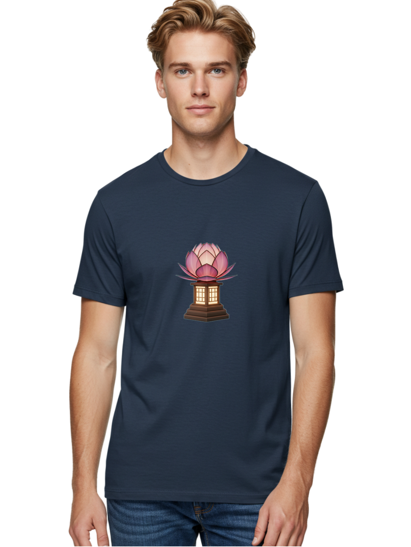 Lotus-Lantern Men'S Graphic Tee, 100% Cotton, Comfortable Casual Summer Wear, Machine Washable, Lotus Flower, Lantern, Peaceful Ambiance, Soft Lighting, Serene Decor, Spiritual Symbol, Zen Inspiration, Floral Design, Tranquil Atmosphere Bad965